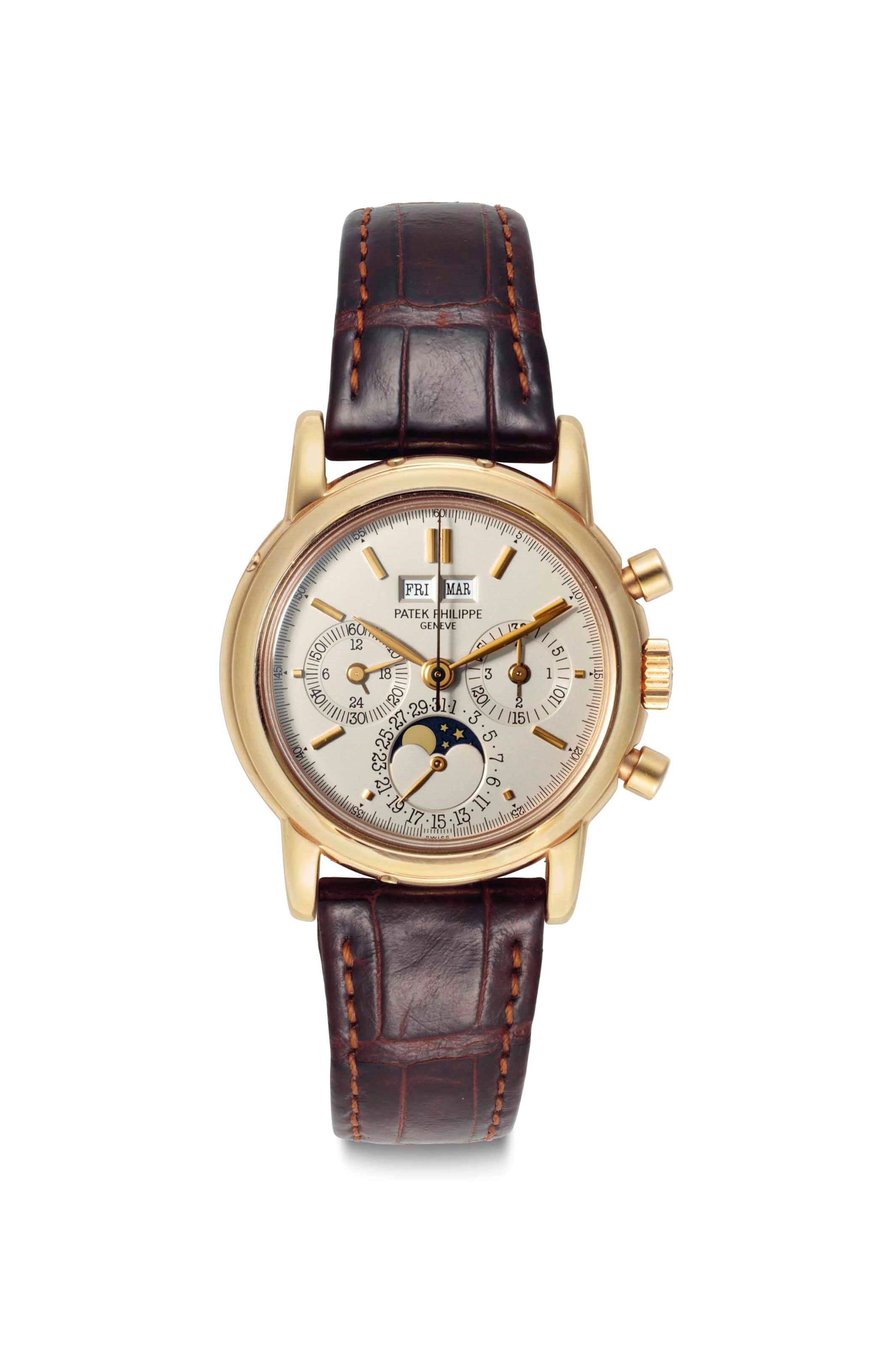 Patek Philippe. A Very Rare and Attractive 18k Pink Gold Perpetual Calendar Chronograph Wristwatch with Moon Phases