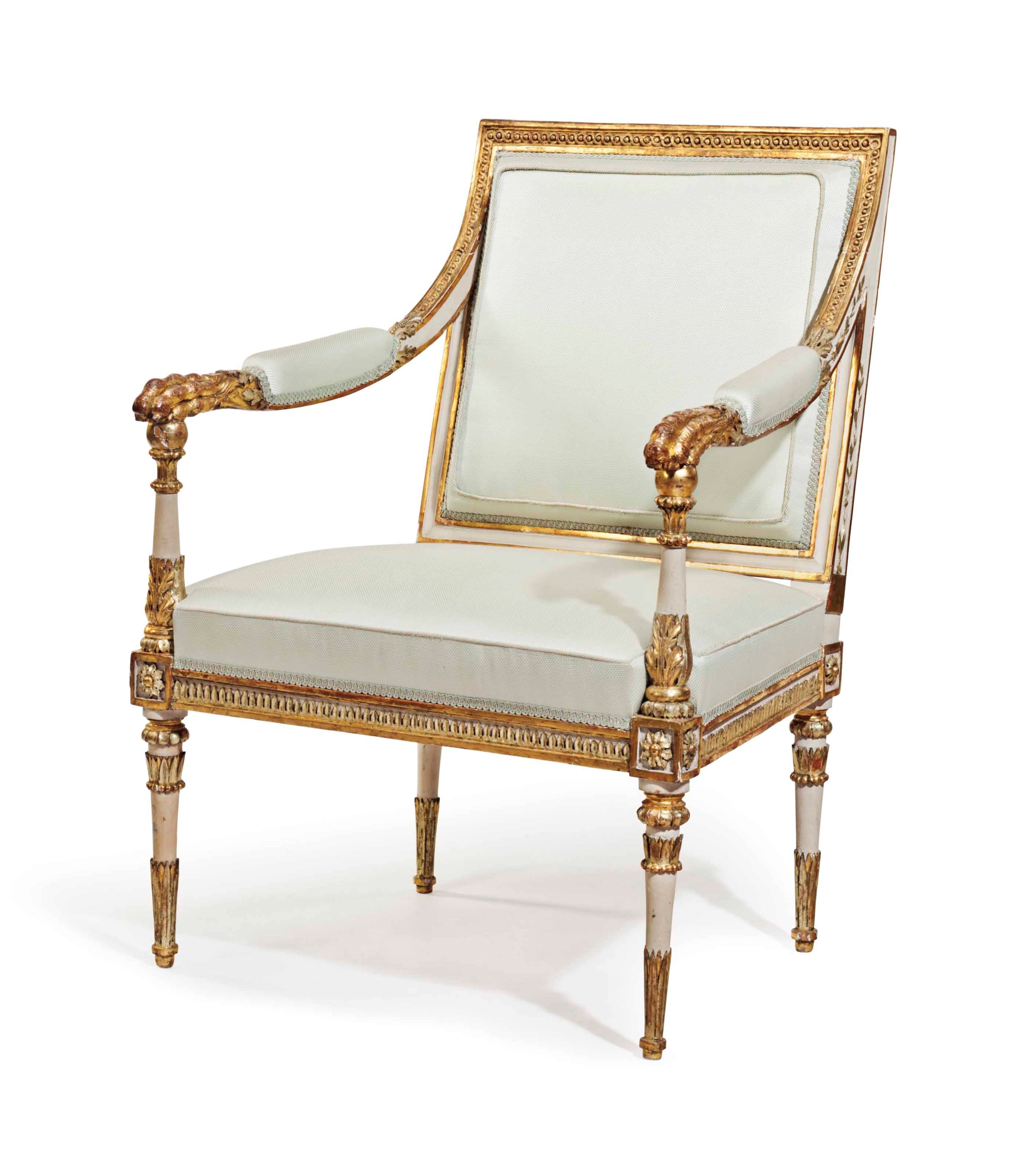 A RUSSIAN WHITE-PAINTED AND PARCEL-GILT ARMCHAIR