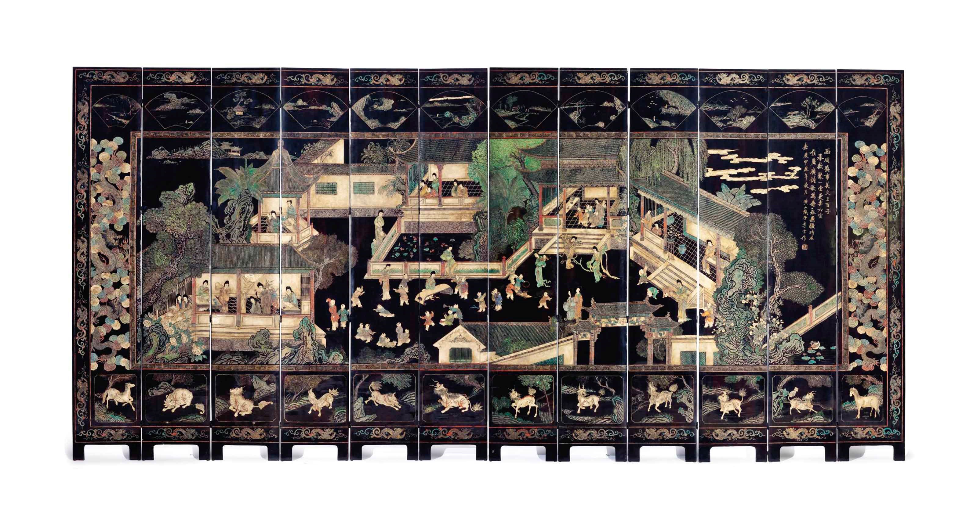 A CHINESE BLACK LACQUER AND POLYCHROME DECORATED TWELVE-PANEL SCREEN