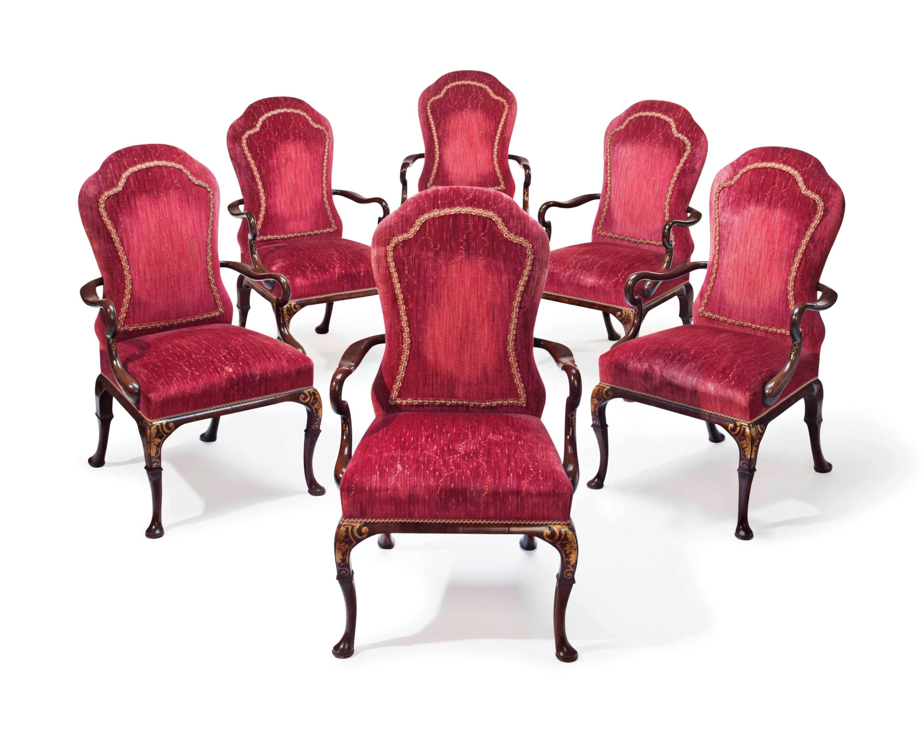 A SET OF SIX QUEEN ANNE STYLE PARCEL-GILT MAHOGANY ARMCHAIRS