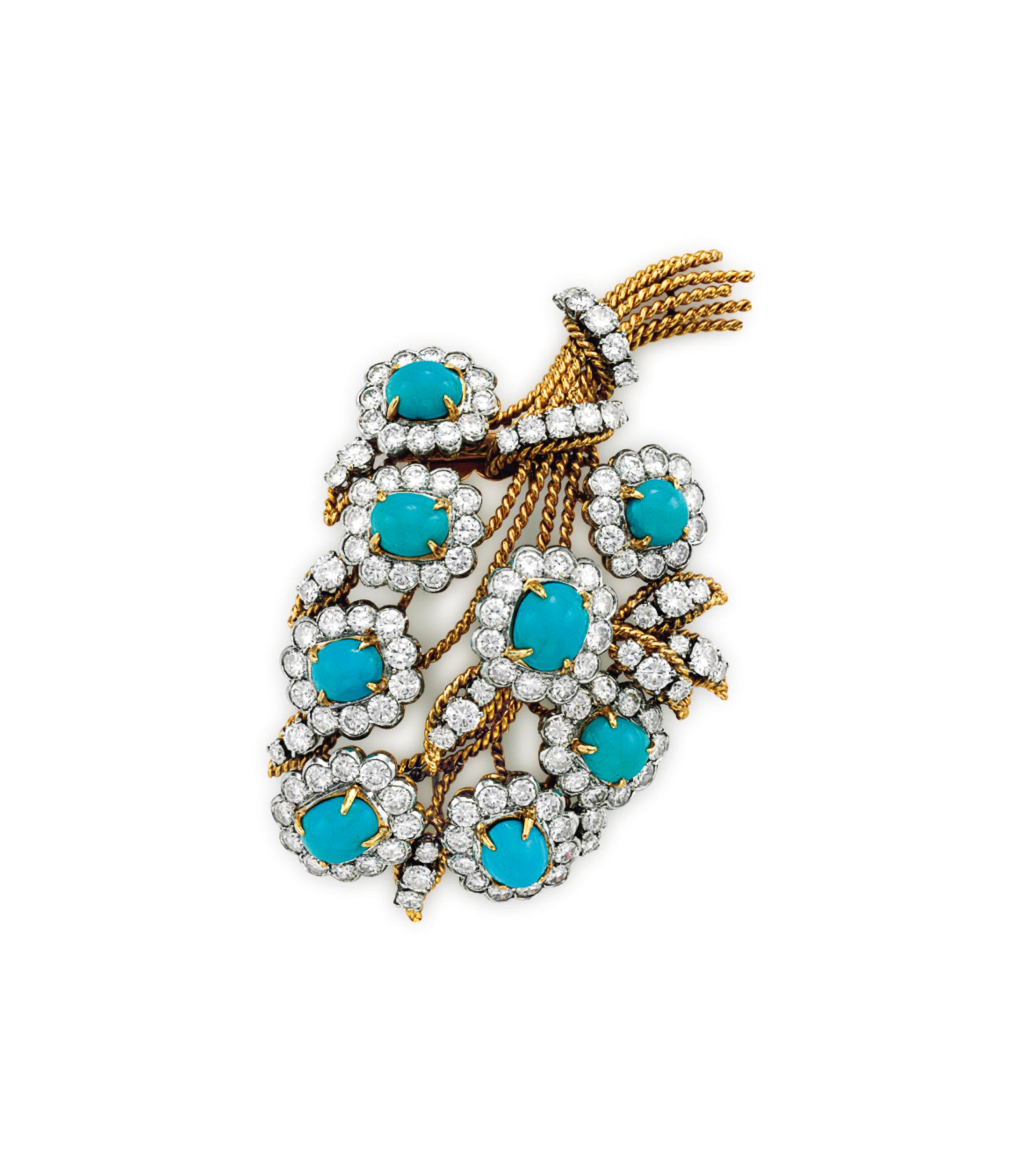 A TURQUOISE AND DIAMOND BROOCH, BY VAN CLEEF & ARPELS