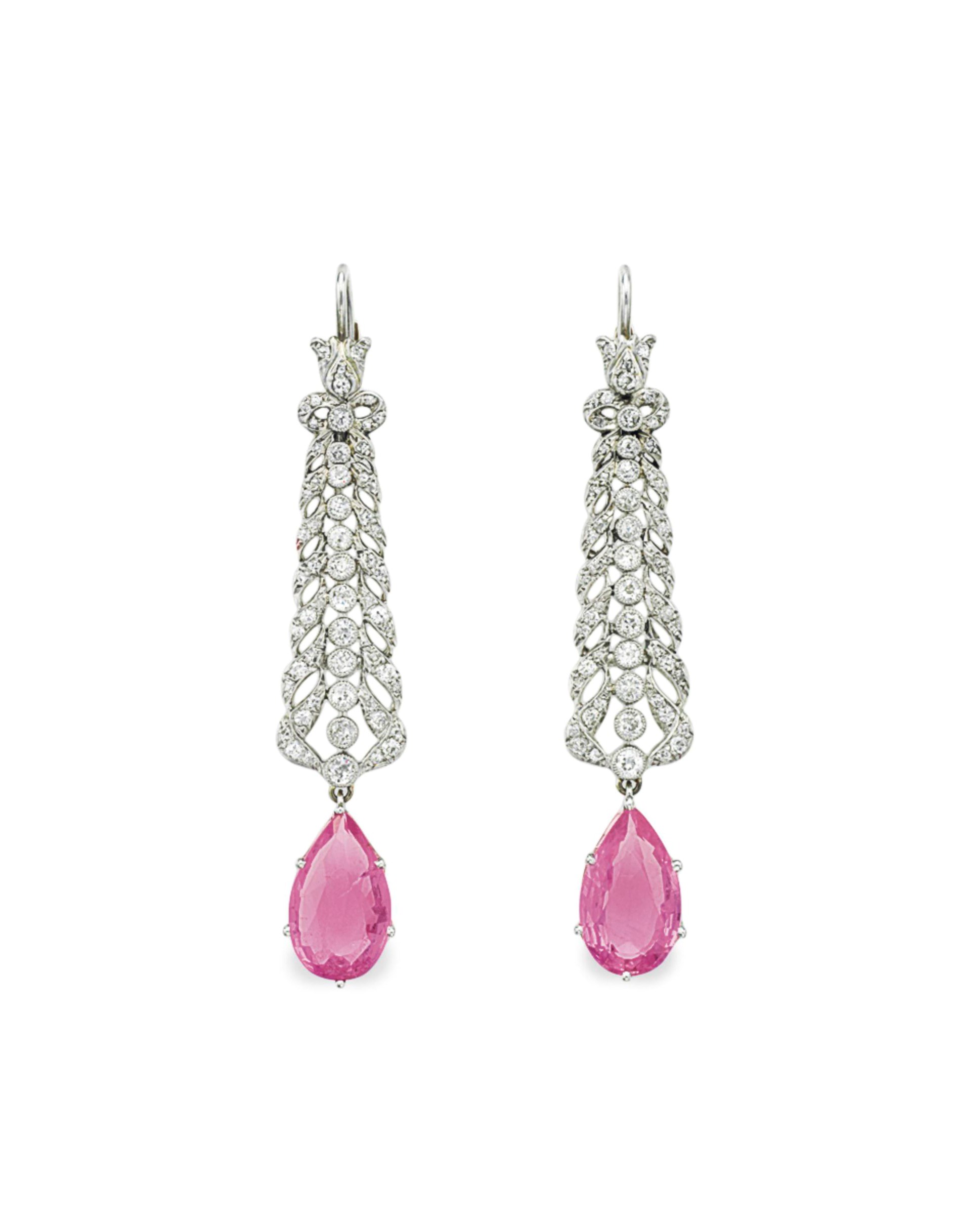 A PAIR OF DIAMOND AND PINK SAPPHIRE EAR PENDANTS