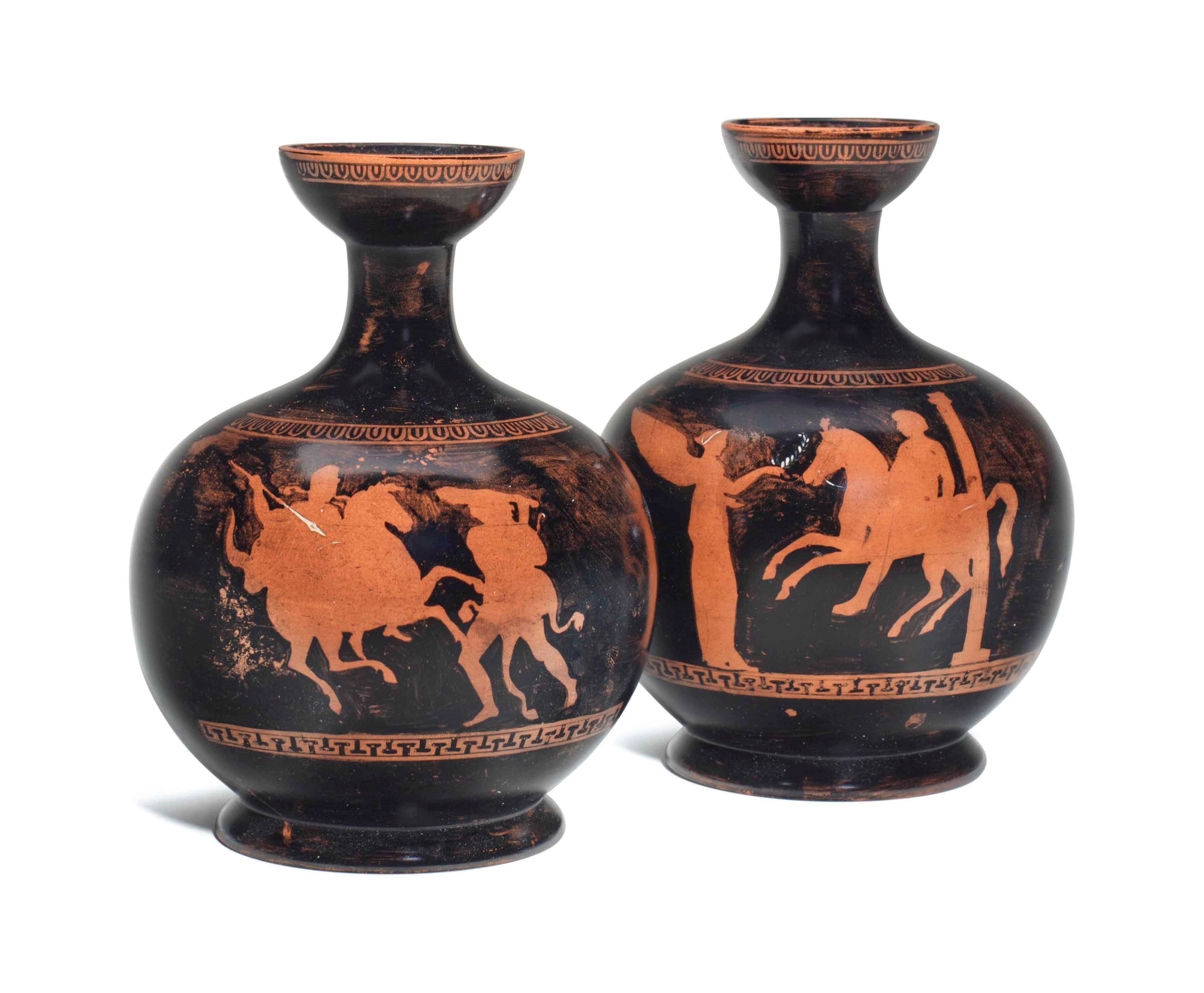 A PAIR OF ITALIAN TERRACOTTA RED-FIGURE BLACK-GROUND OLPE JUGS