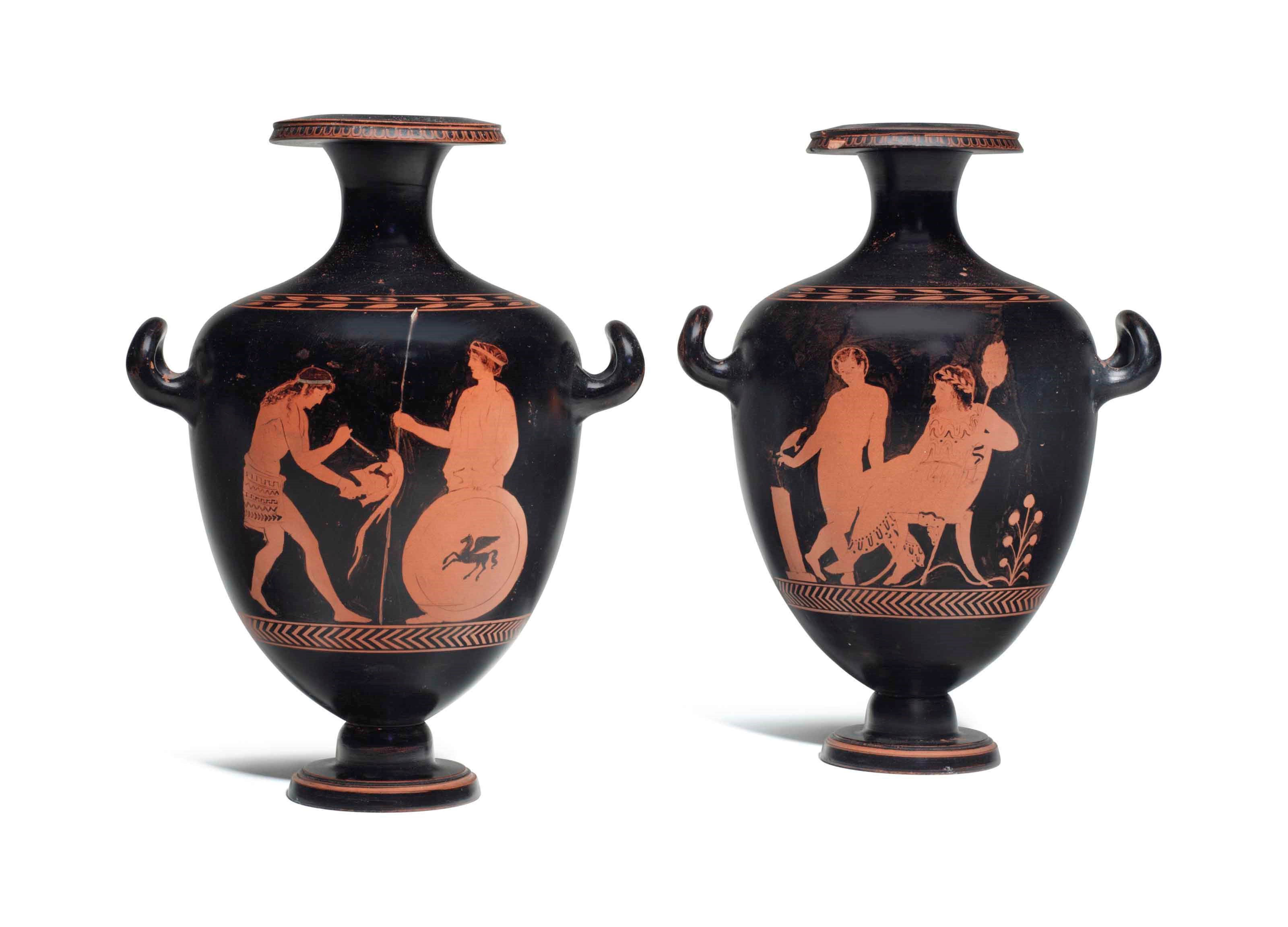 A PAIR OF ITALIAN TERRACOTTA RED-FIGURE BLACK-GROUND KALPIS VASES