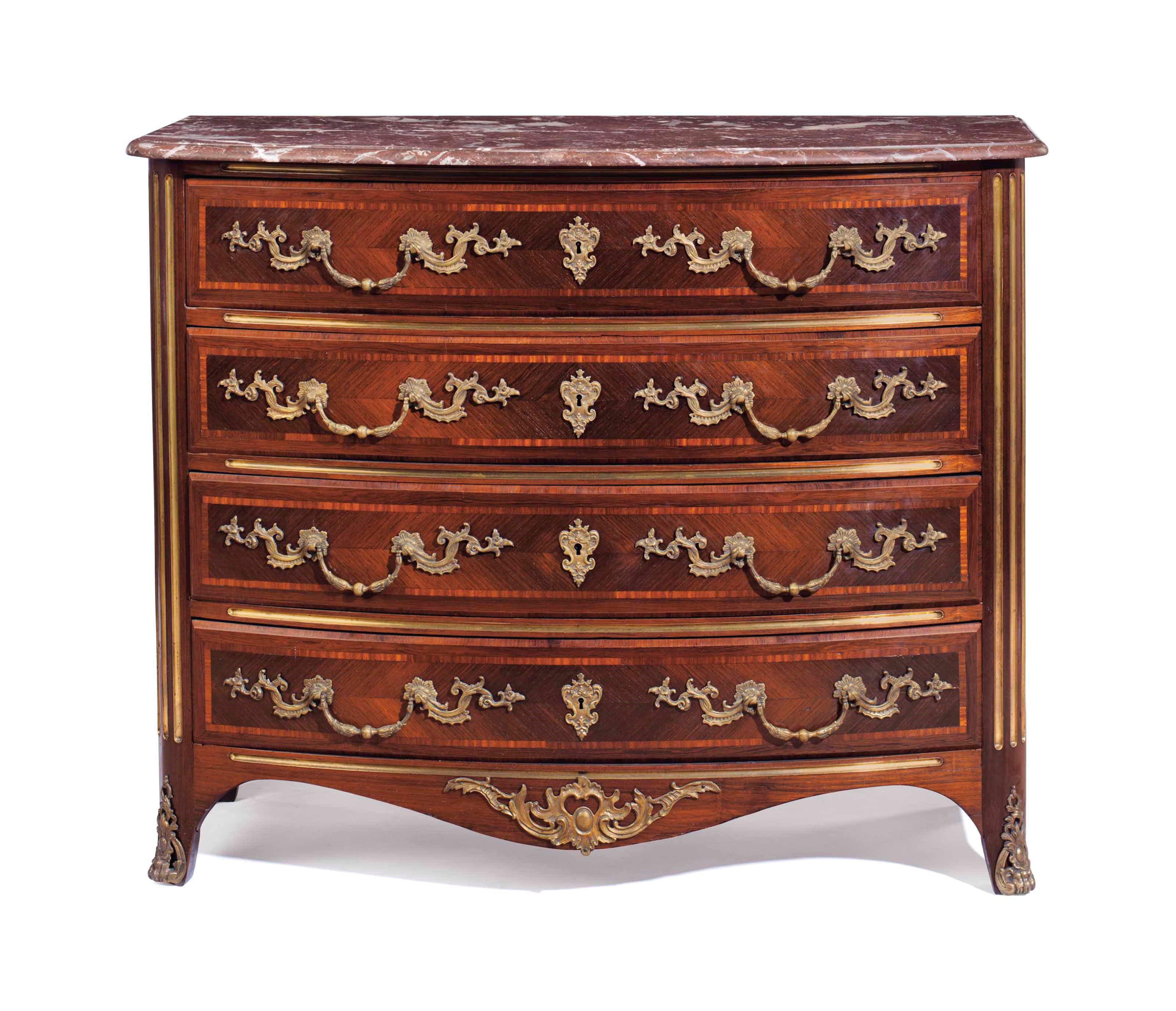 A REGENCE STYLE BRASS-INLAID AND GILT-METAL MOUNTED KINGWOOD COMMODE