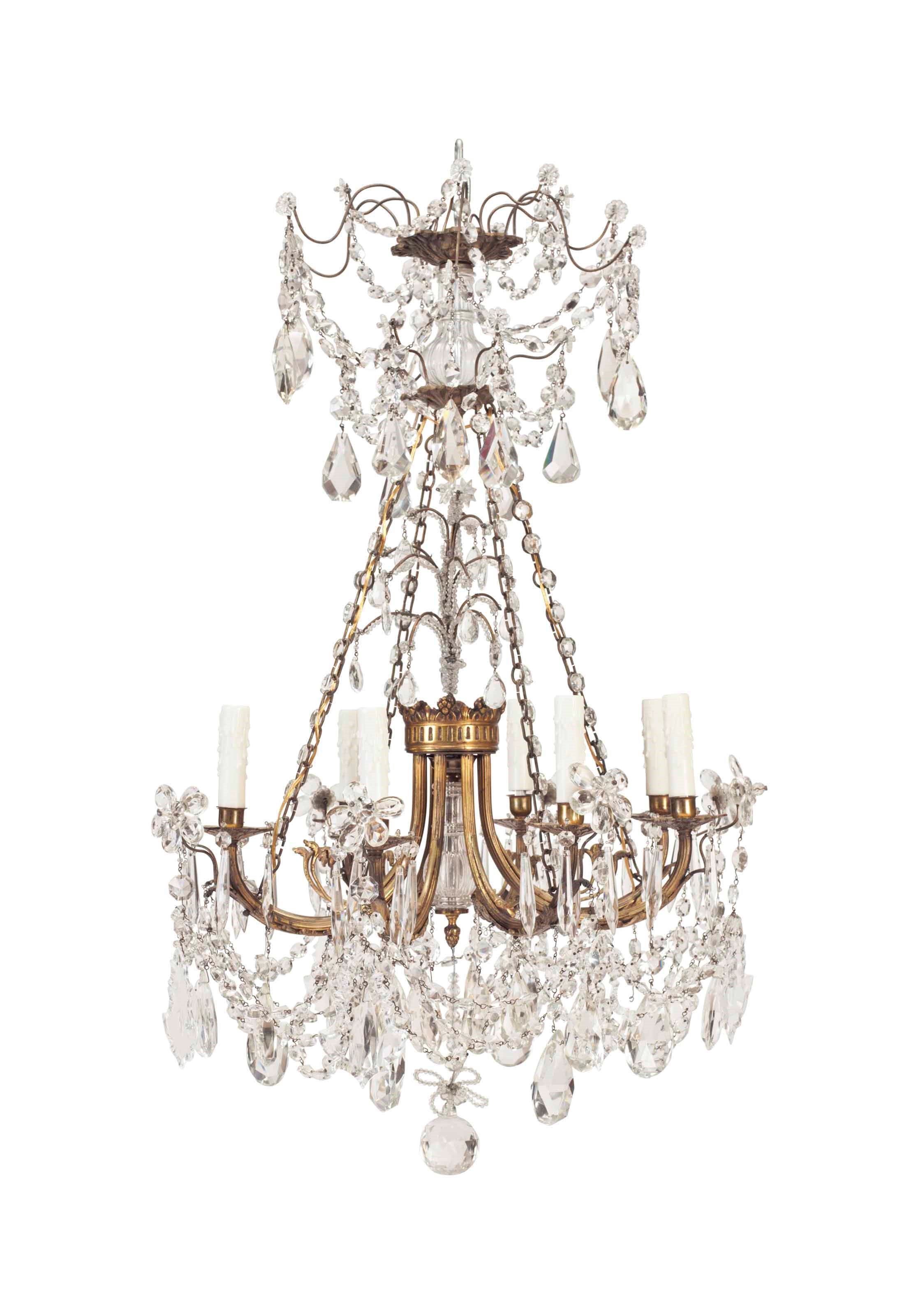 A LOUIS XVI STYLE ORMOLU, CUT AND PRESSED GLASS EIGHT LIGHT-CHANDELIER