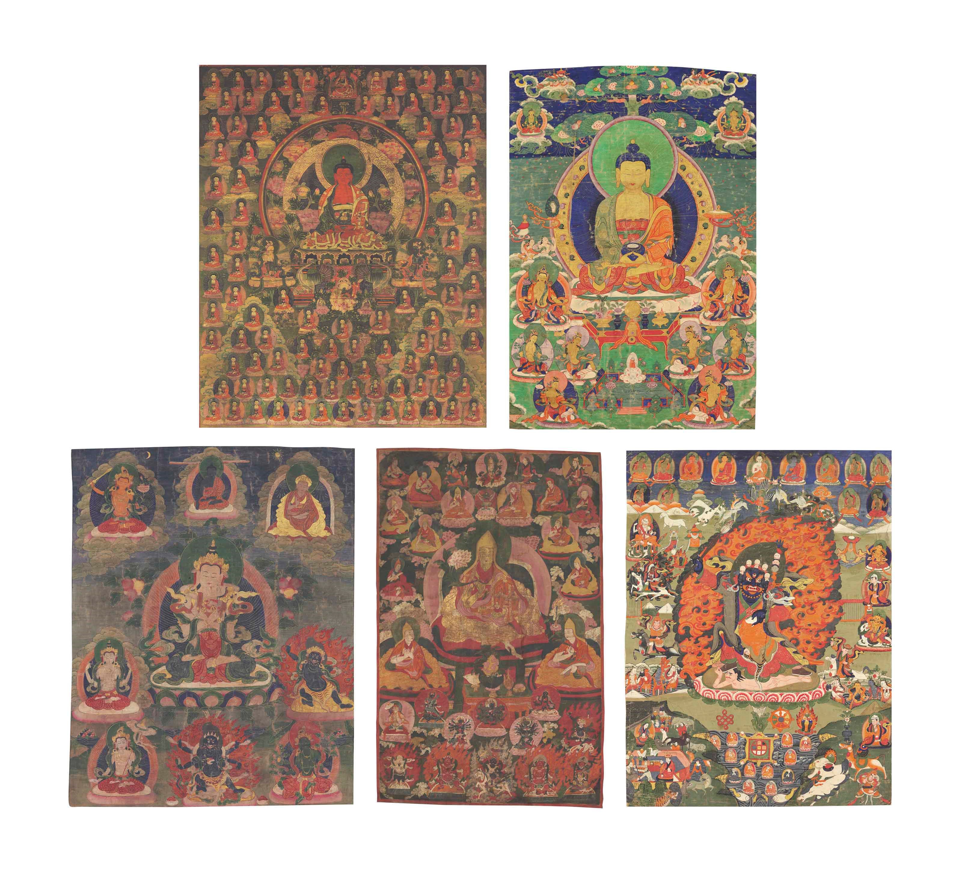 A group of five thangkas