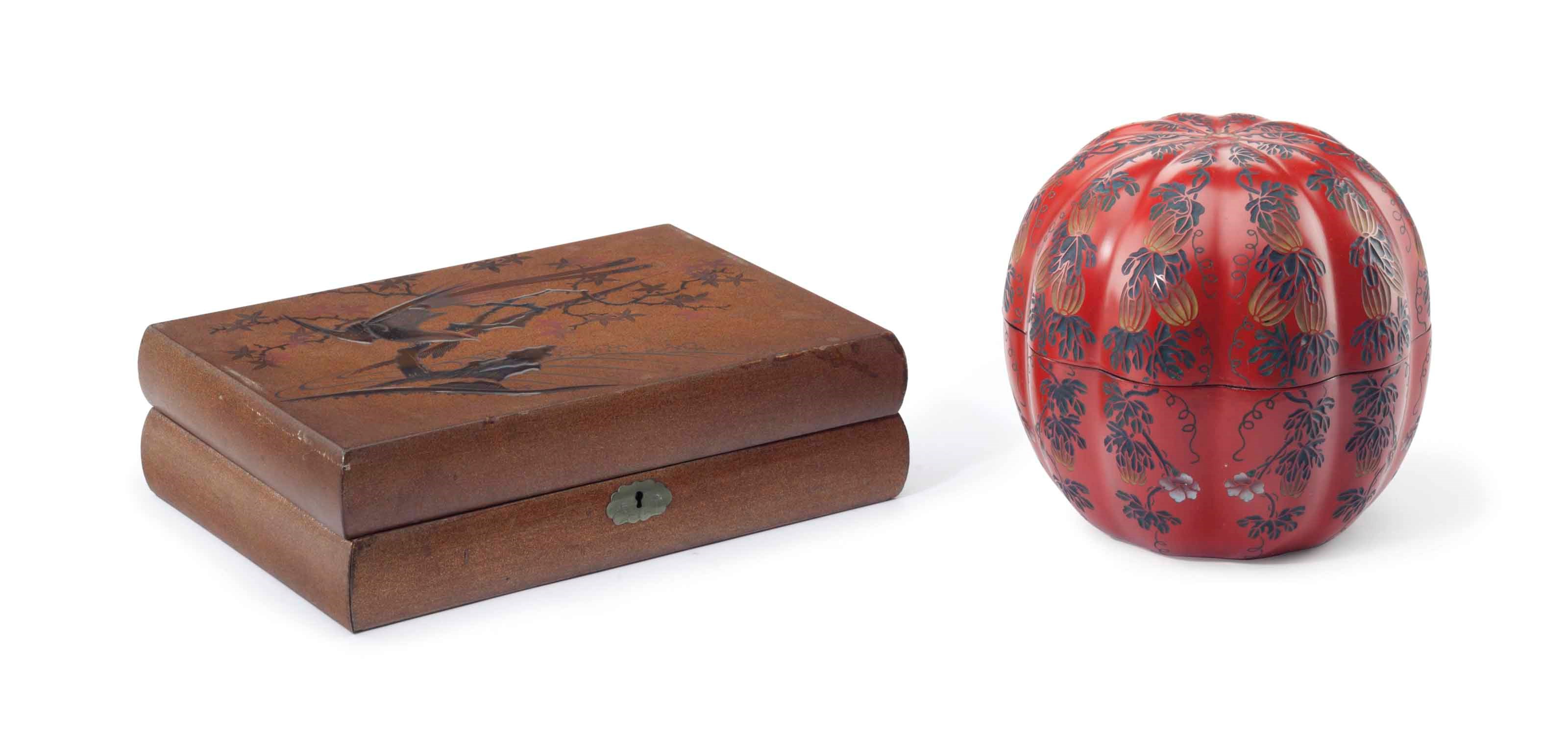 A JAPANESE BLACK AND GOLD LACQUERED RECTANGULAR BOX AND A RED LACQUERED MELON-FORM BOX AND COVER
