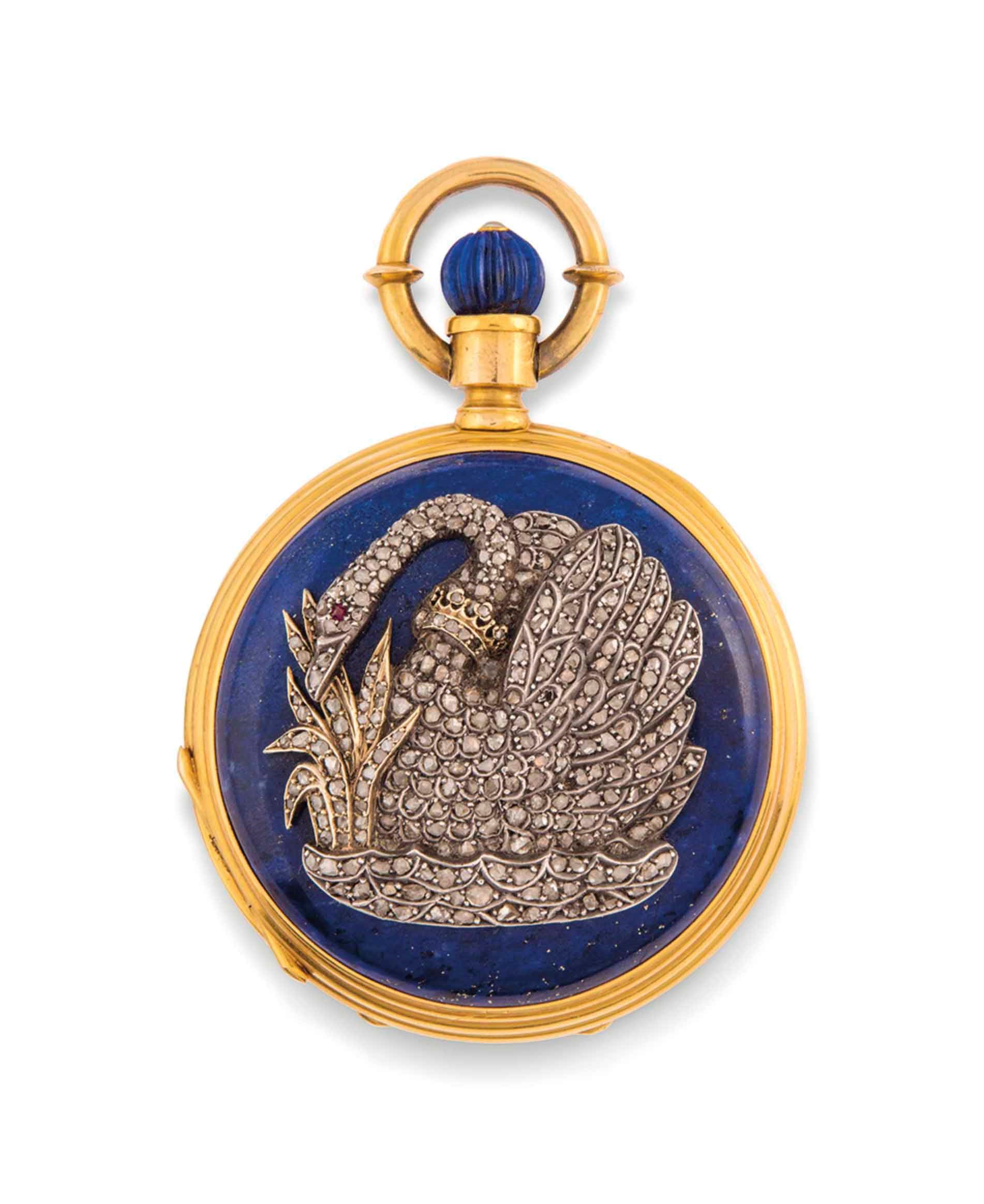 A LATE 19TH CENTURY GOLD, LAPIS LAZULI AND DIAMOND HUNTER-CASE POCKET WATCH