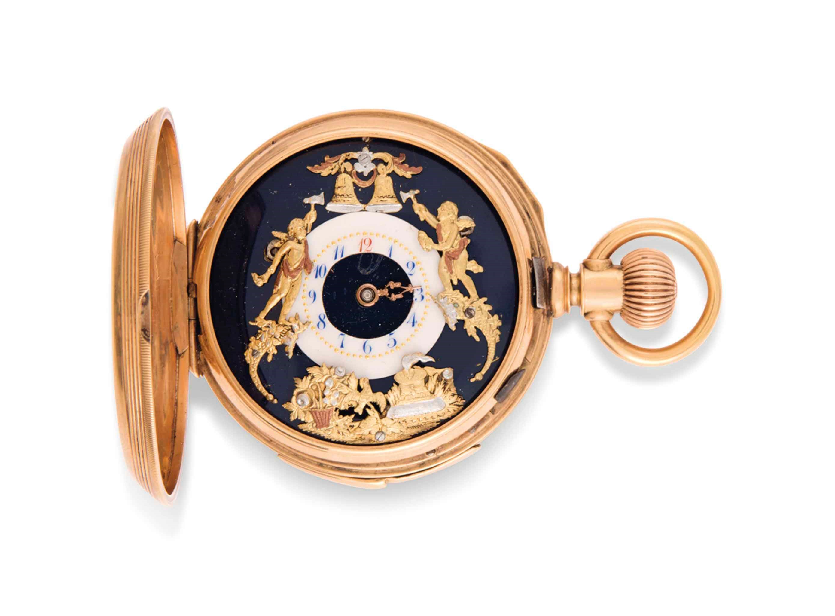 A LATE 19TH CENTURY GOLD HUNTER CASE QUARTER REPEATING POCKET WATCH WITH LATER ADAPTED EROTIC & JACQUEMART AUTOMATON