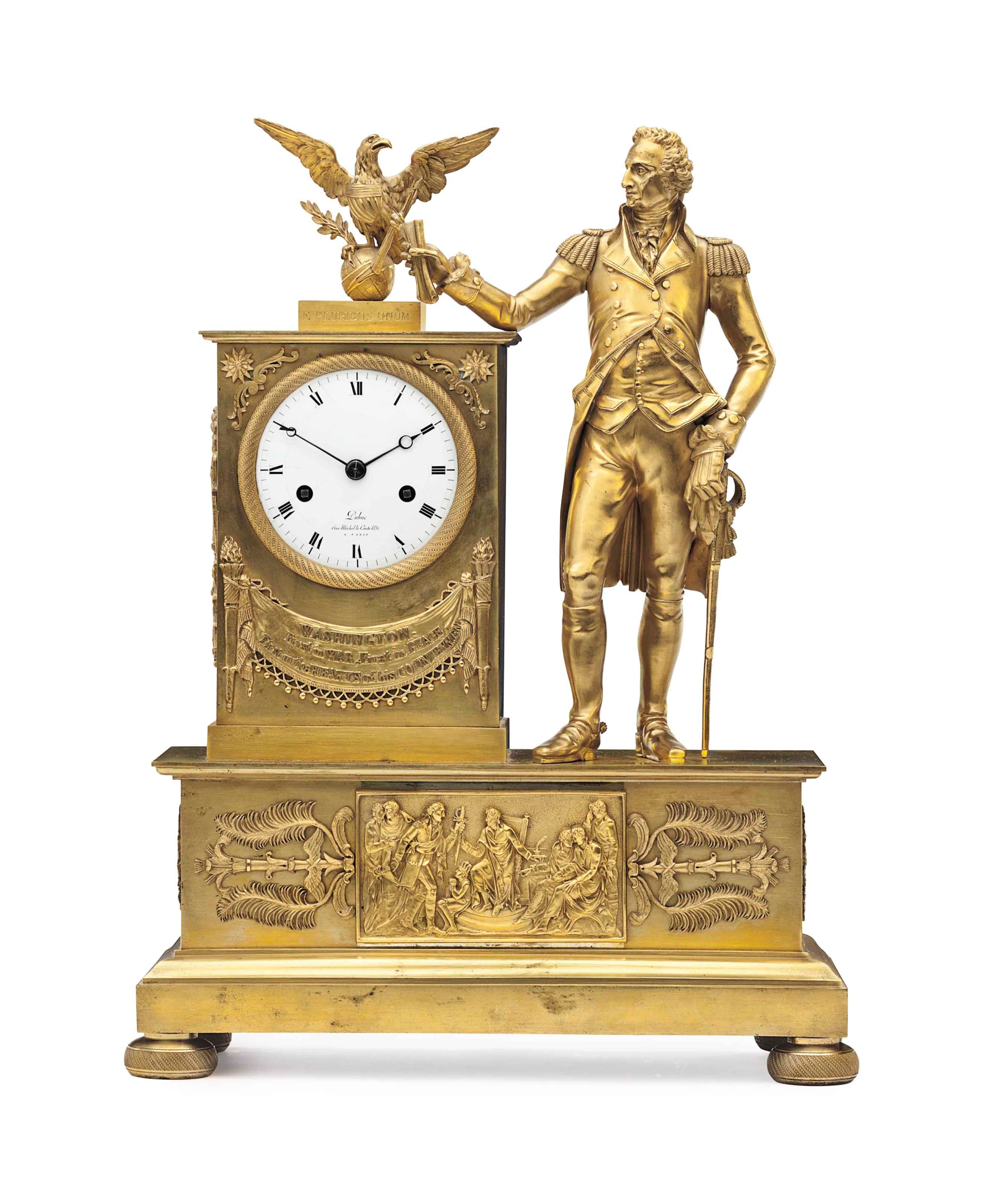 THE WILLIAM SHEPPARD WOODSIDE FAMILY FRENCH EMPIRE ORMOLU MANTLE CLOCK WITH A FIGURE OF GEORGE WASHINGTON
