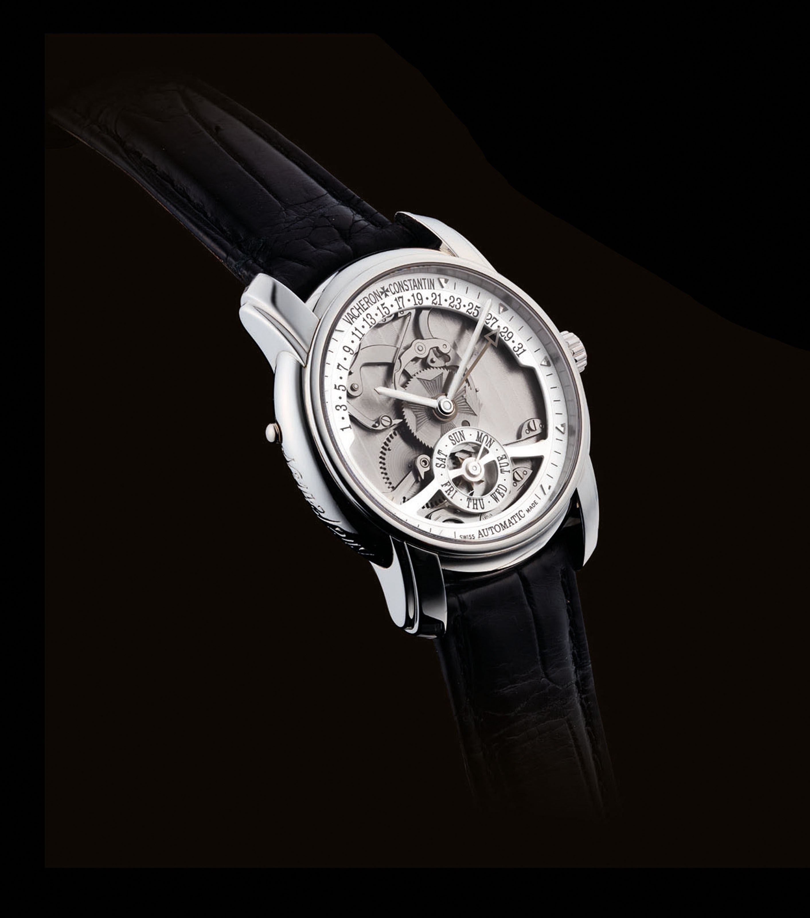 VACHERON CONSTANTIN. A FINE AND RARE PLATINUM LIMITED EDITION AUTOMATIC SEMI-SKELETONISED WRISTWATCH WITH DAY AND RETROGRADE DATE, MADE TO COMMEMORATE THE 247TH ANNIVERSARY OF VACHERON CONSTANTIN