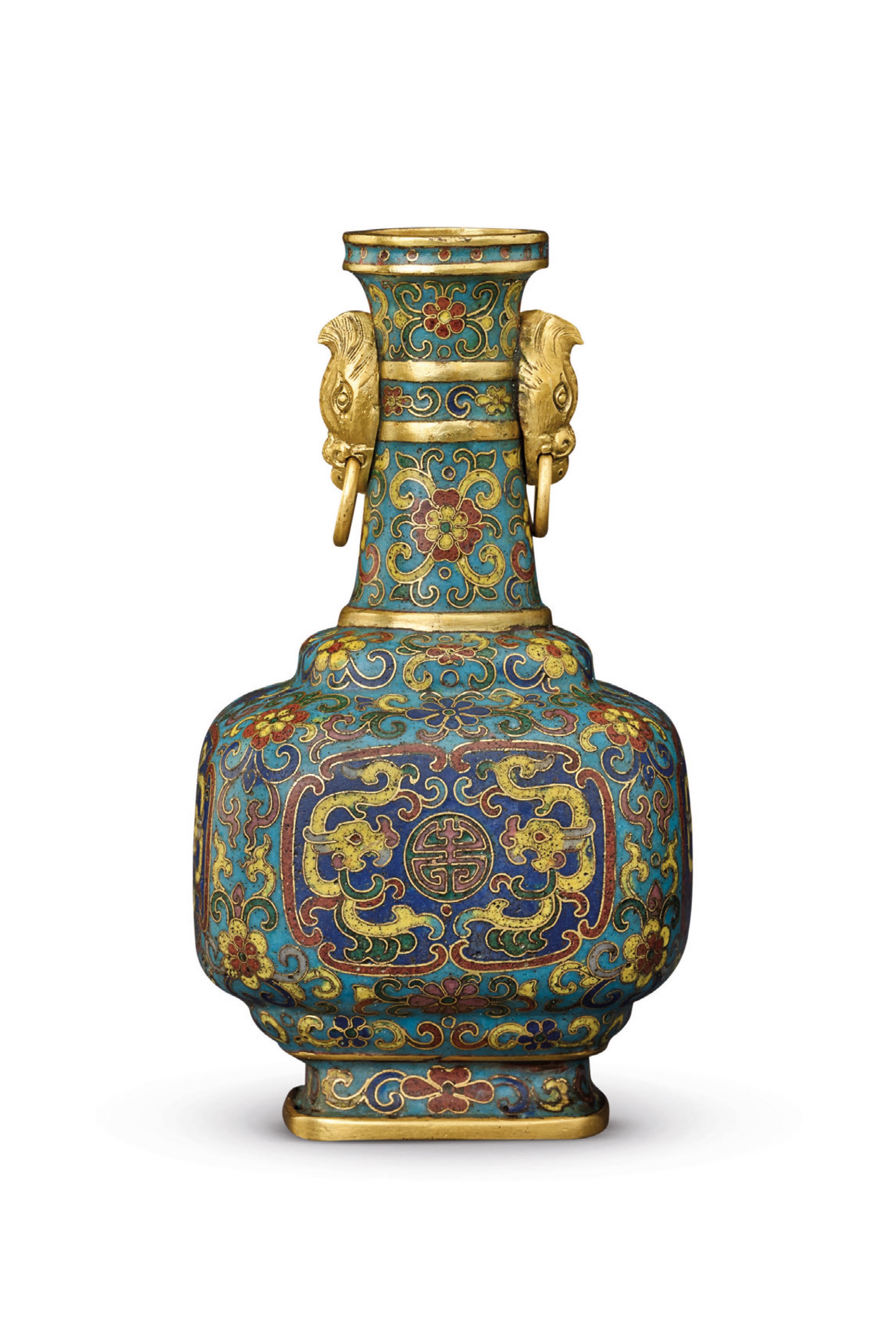 A RARE SMALL CLOISONNE ENAMEL SQUARE VASE