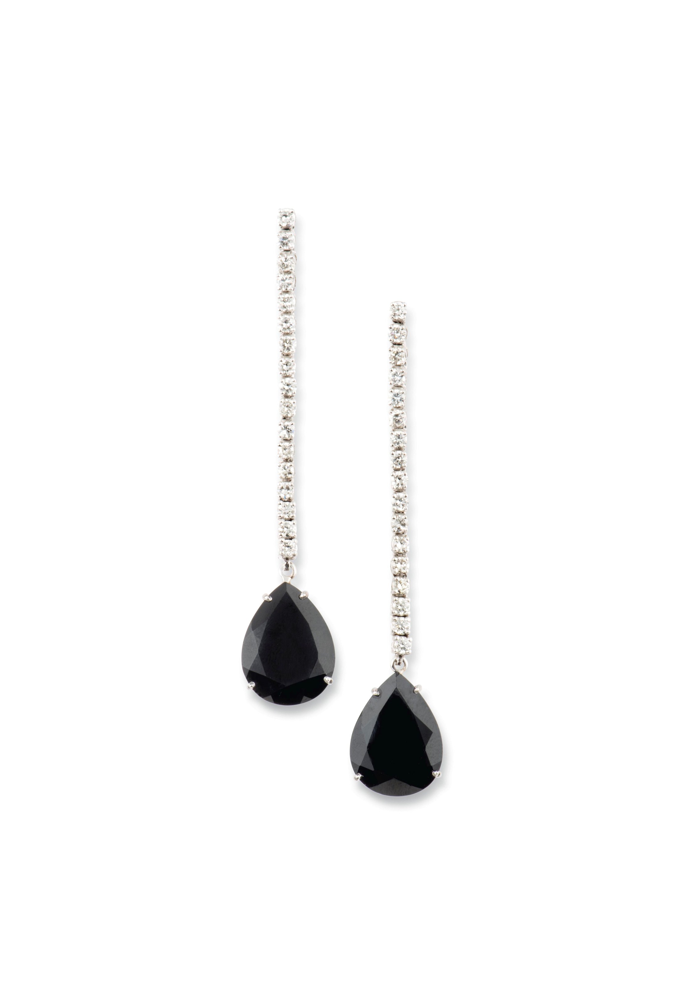 A PAIR OF ONYX AND DIAMOND EARPENDANTS