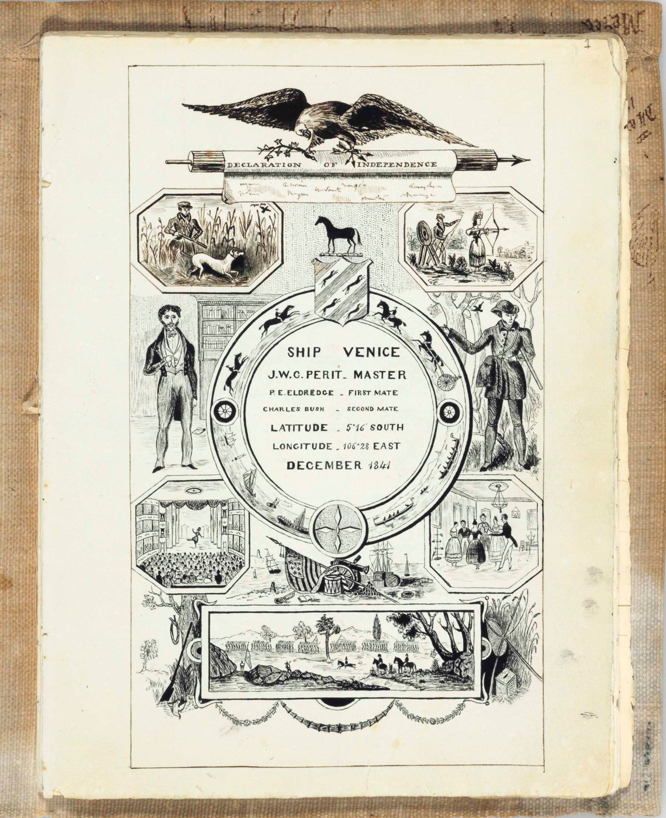 SHIP’S LOG. George E. Scott, sailor. Log of the ship Venice, sailing from Philadelphia to Sydney, New South Wales, Australia, the Philippines and Macao, the earliest entries dated December 1840, the latest June 1848. Decorated by Scott with a number of comic pen and ink drawings; a manuscript title-page with vignettes (horse-racing, a dance, marching soldiers). Approximately 66 pages, folio. Loose sheets in a cloth wrapper labeled. “George E. Scott, December 1840, Ship Venice.”