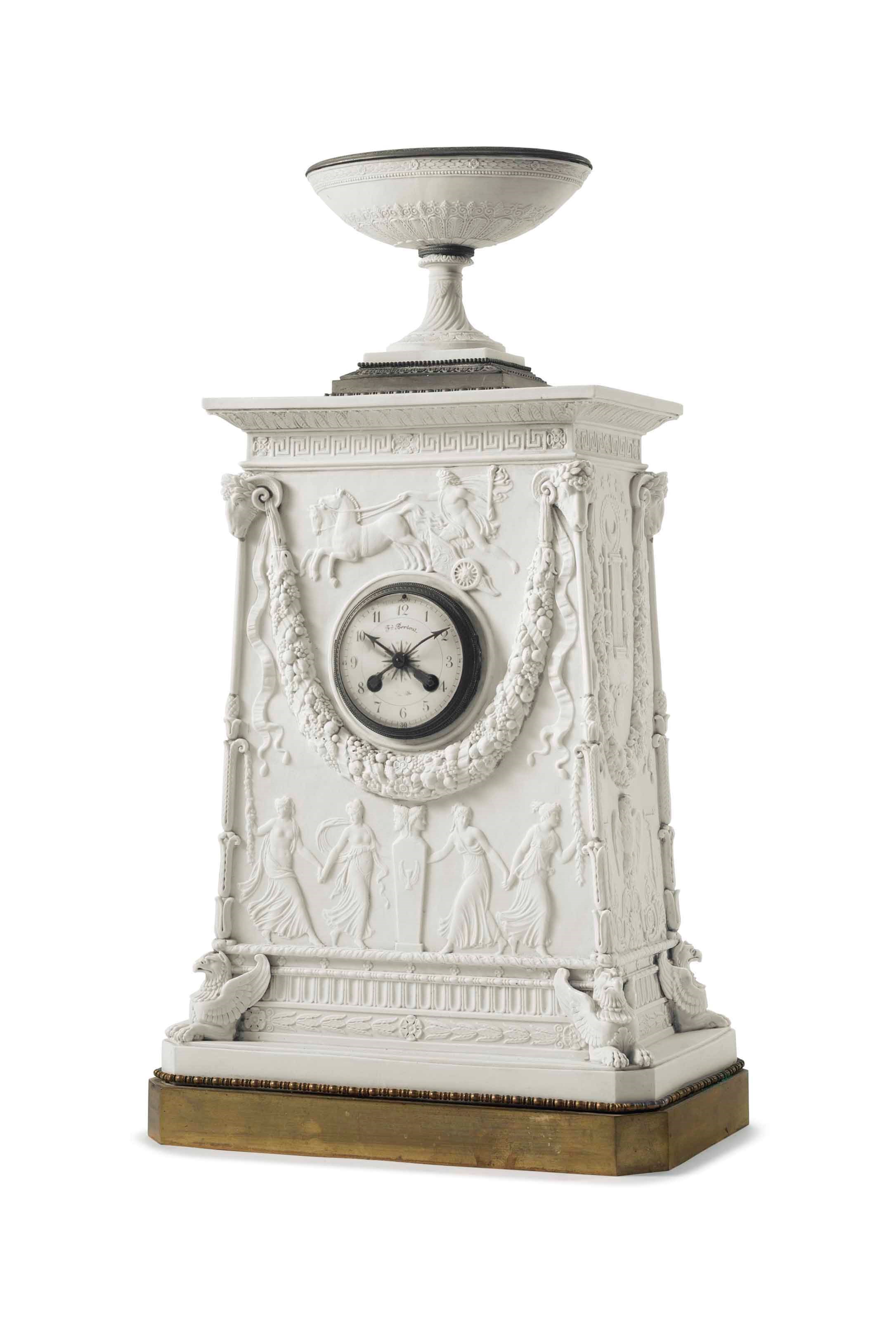 A SEVRES STYLE BISCUIT PORCELAIN MANTLE CLOCK