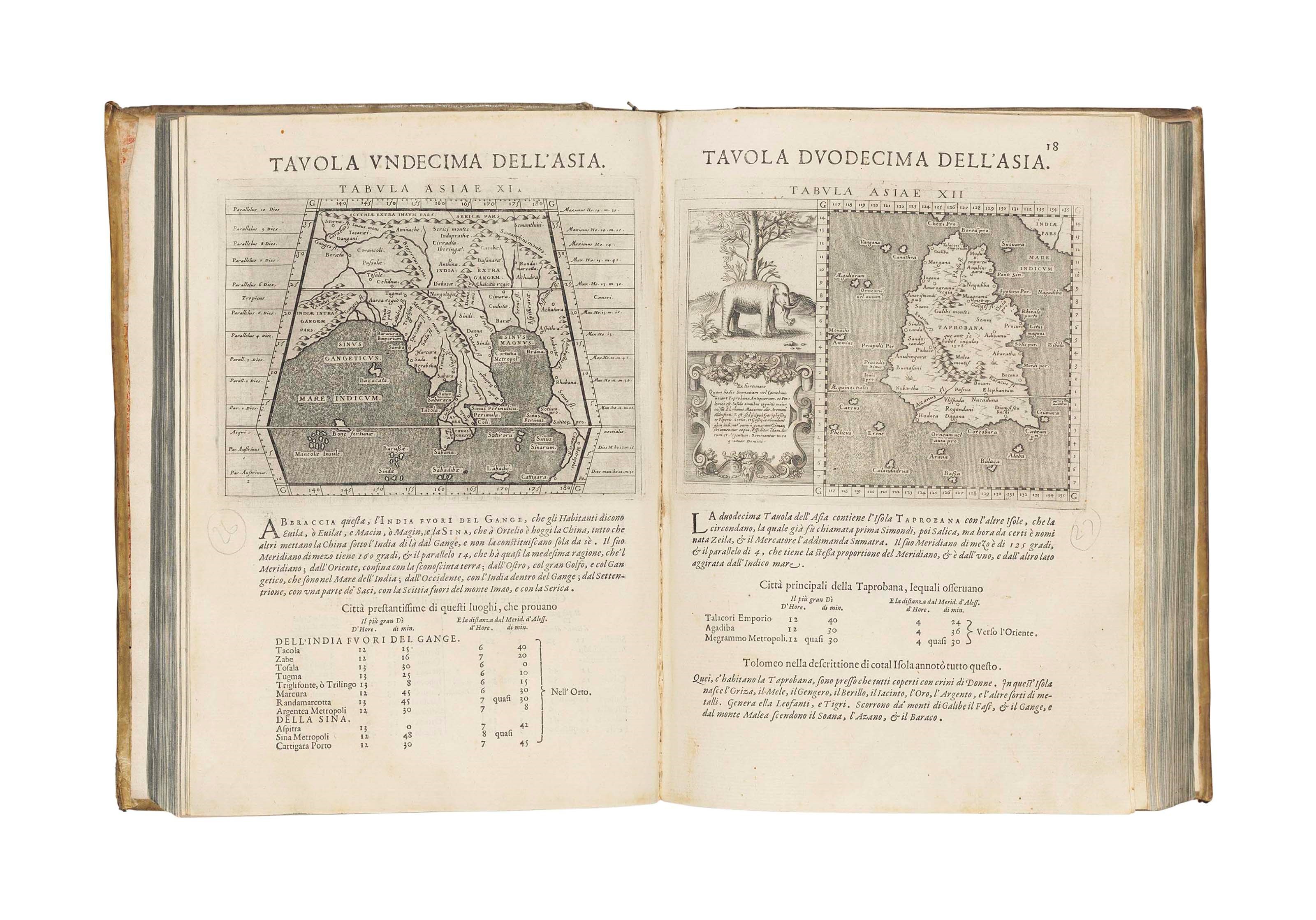 PTOLOMAEUS, Claudius (2nd century). Geografia cioè descrittione universale della terra. Edited and corrected by Giovanni Antonio Magini and translated from Latin into Italian by Leonardo Cernoti. Venice: Giovanni Battista and Giorgio Galignani, 1598-1597.