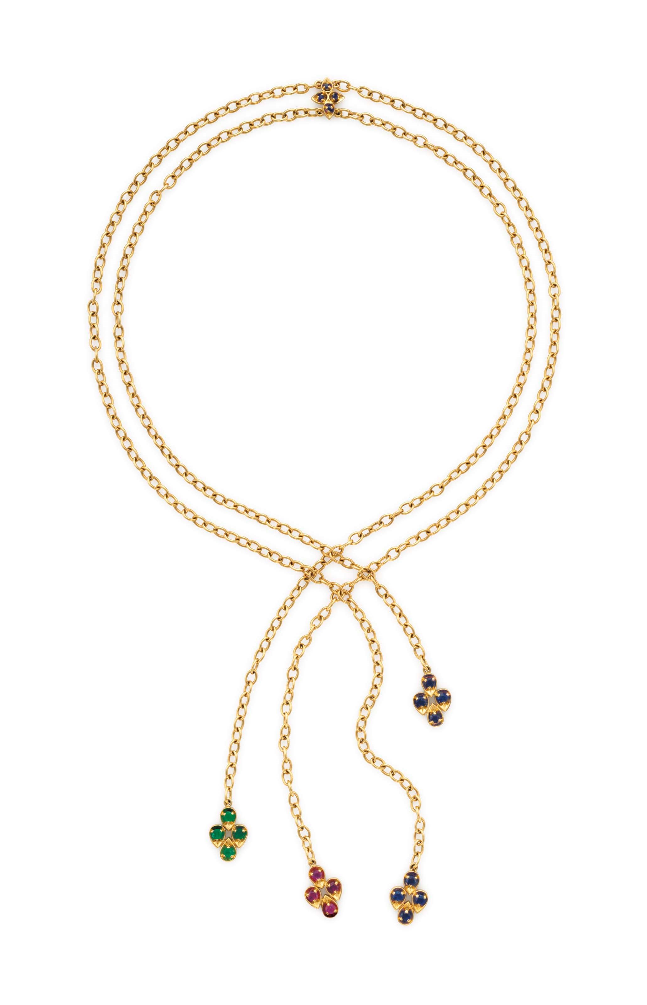 A MULTI-GEM AND GOLD LARIAT NECKLACE, BY CARTIER