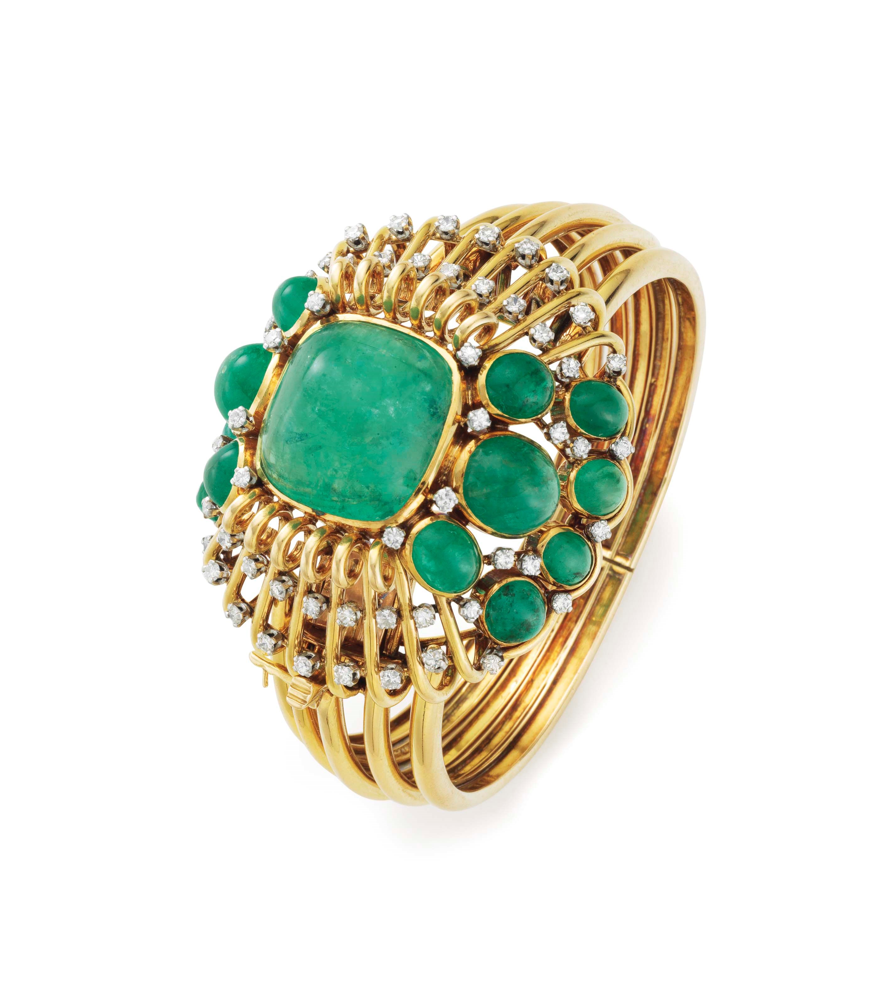 A RETRO EMERALD, DIAMOND AND GOLD BANGLE BRACELET, BY MAUBOUSSIN