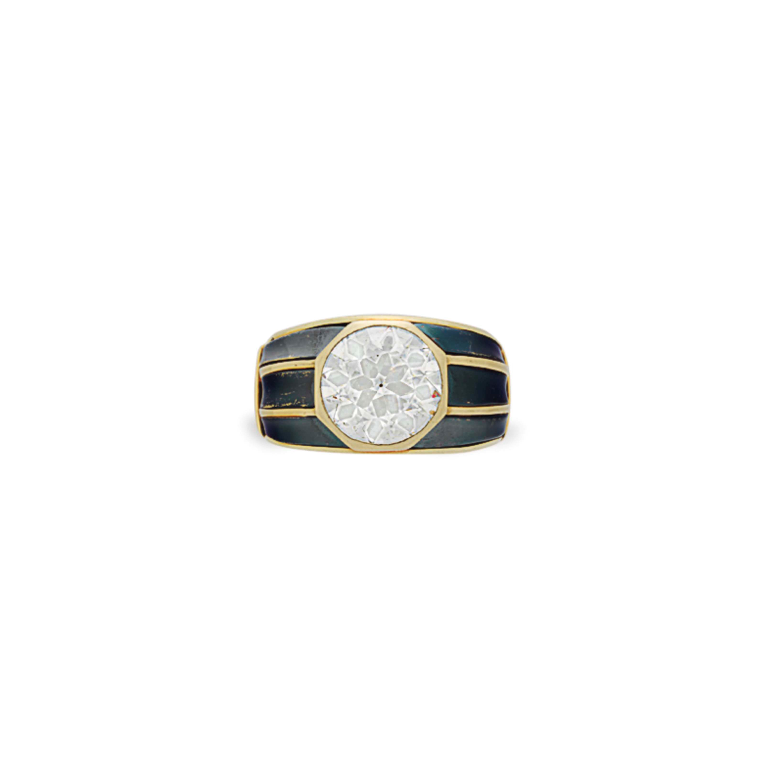 A DIAMOND, HEMATITE AND GOLD RING