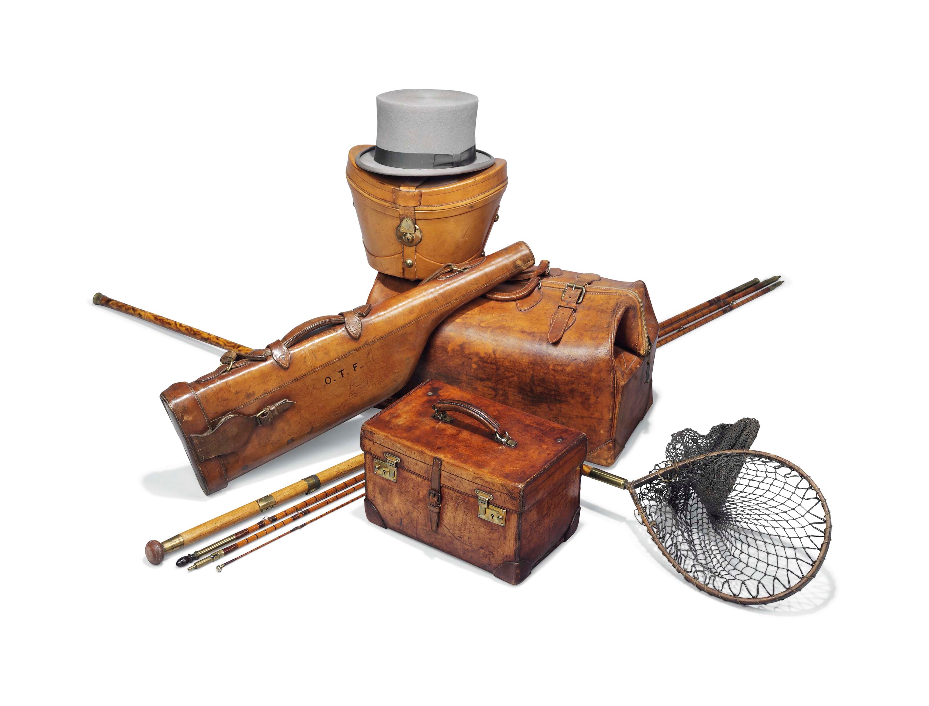 A GEORGE V GREENHEART THREE-PIECE FISHING ROD WITH TWO TOPS AND NET