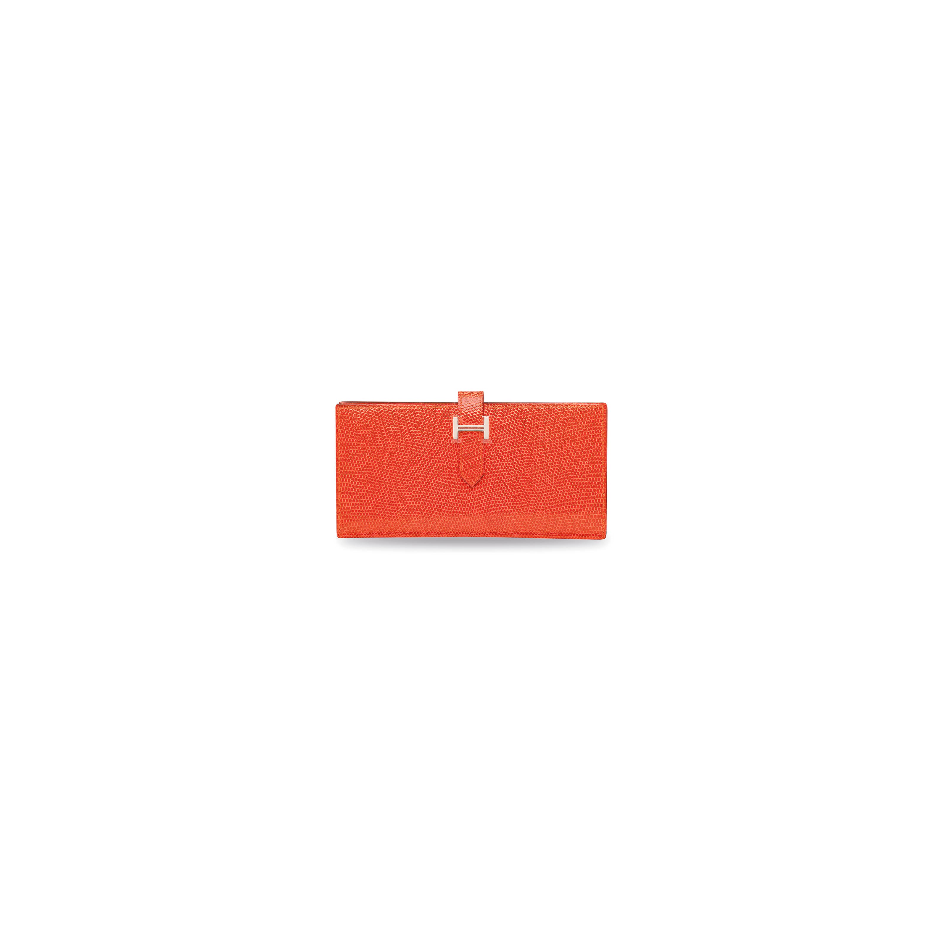 A SHINY TANGERINE NILOTICUS LIZARD GUSSET BÉARN WALLET WITH PALLADIUM HARDWARE