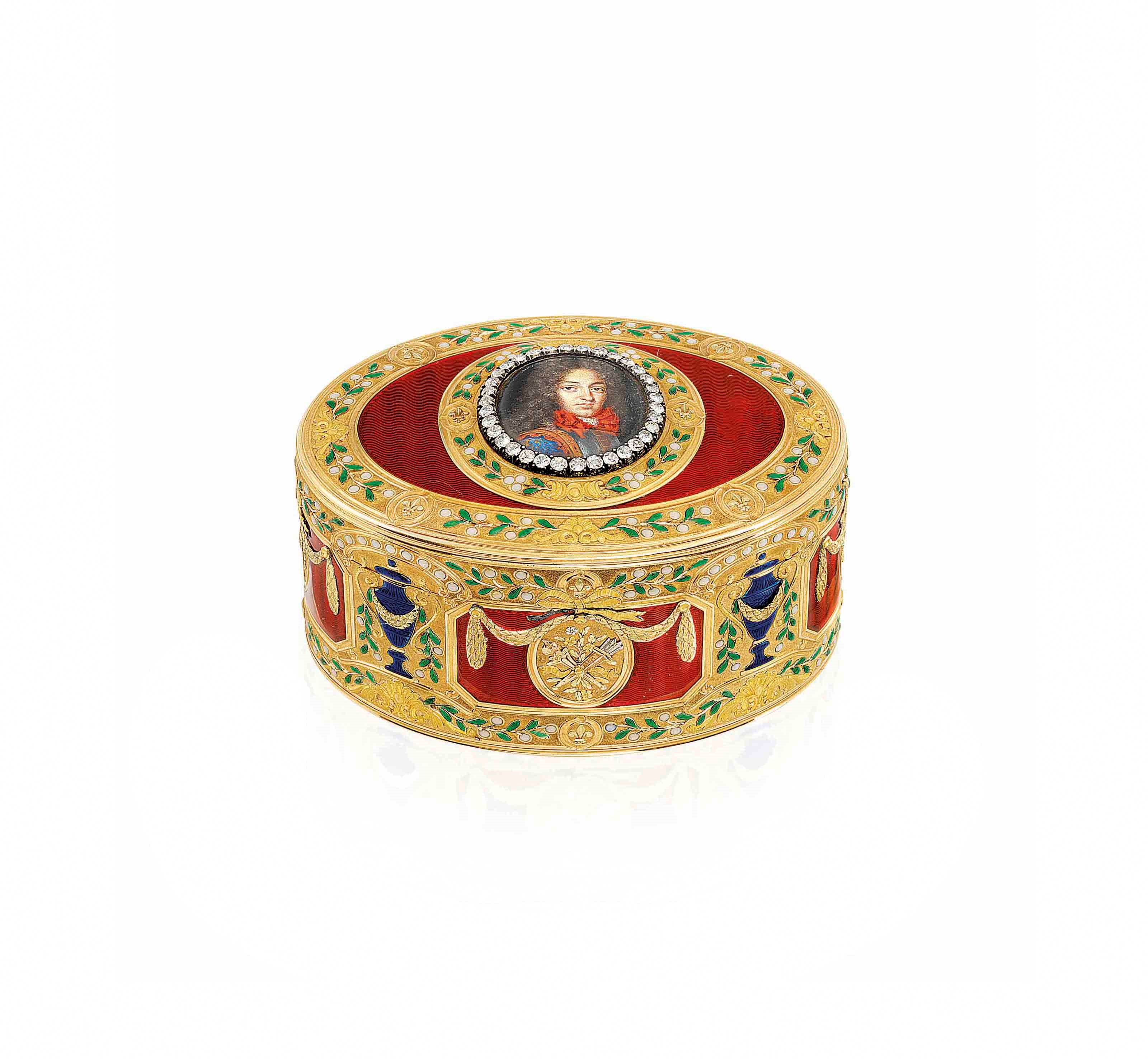 A GERMAN JEWELLED ENAMELLED VARI-COLOUR GOLD PRESENTATION SNUFF-BOX