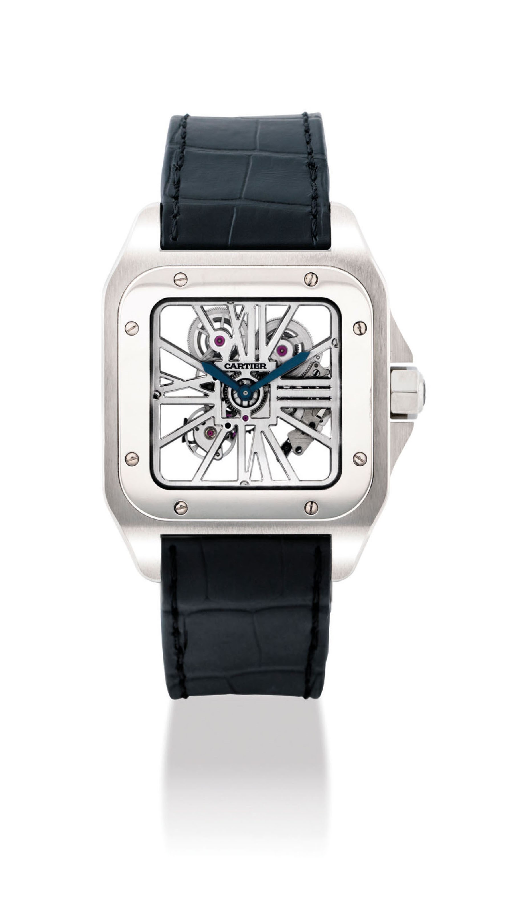 CARTIER. A FINE PALLADIUM SQUARE SKELETONISED WRISTWATCH