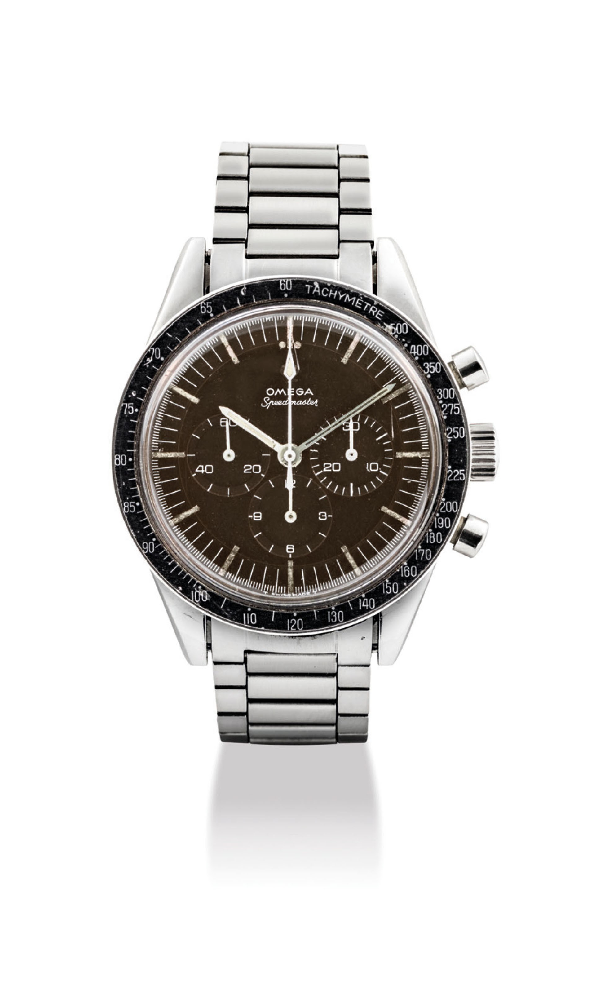 OMEGA. A FINE AND RARE STAINLESS STEEL CHRONOGRAPH WRISTWATCH WITH BRACELET AND COLOUR CHANGE DIAL