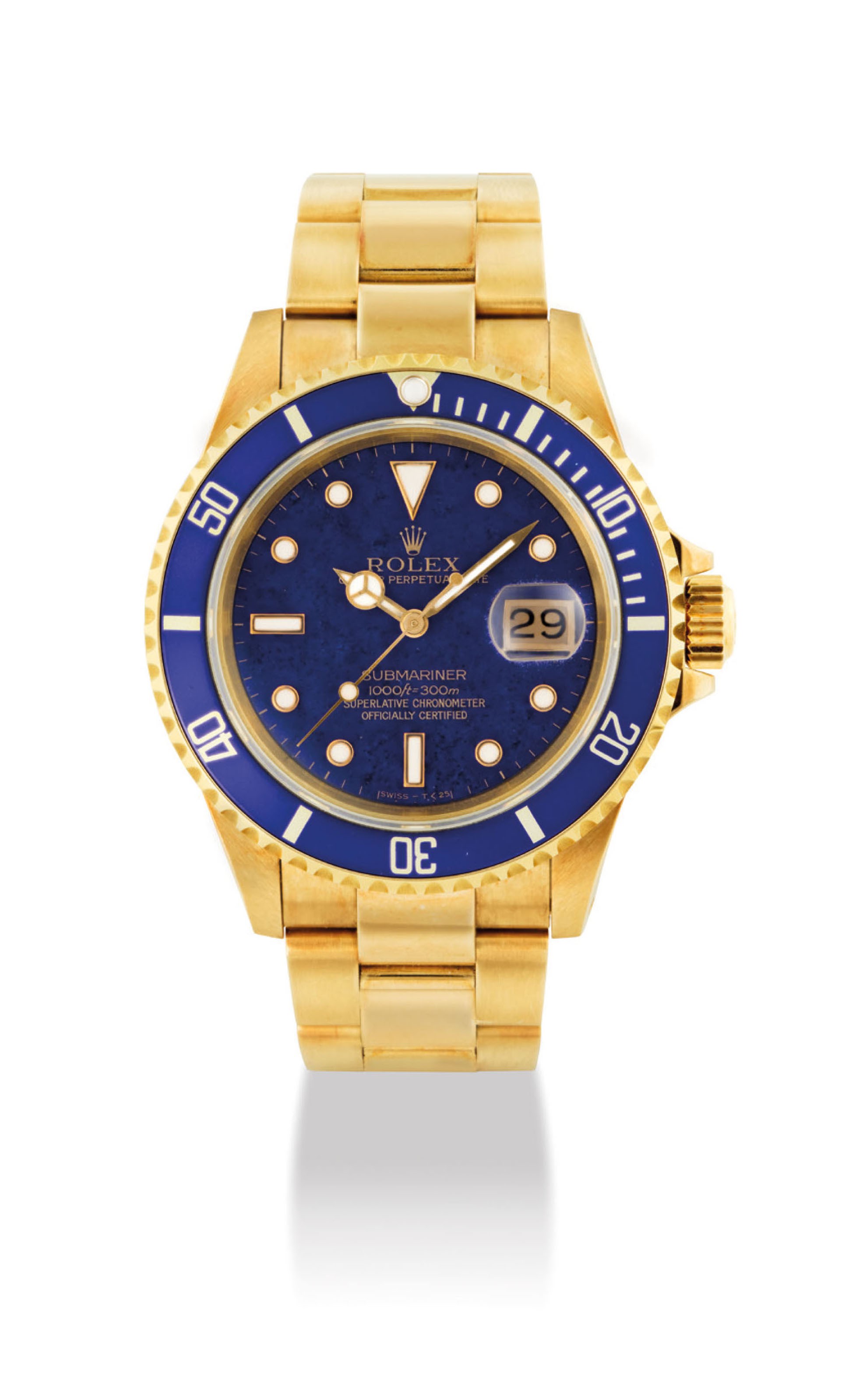 ROLEX. A VERY FINE AND VERY RARE 18K GOLD AUTOMATIC WRISTWATCH WITH SWEEP CENTRE SECONDS, DATE, BRACELET AND LAPIS LAZULI DIAL