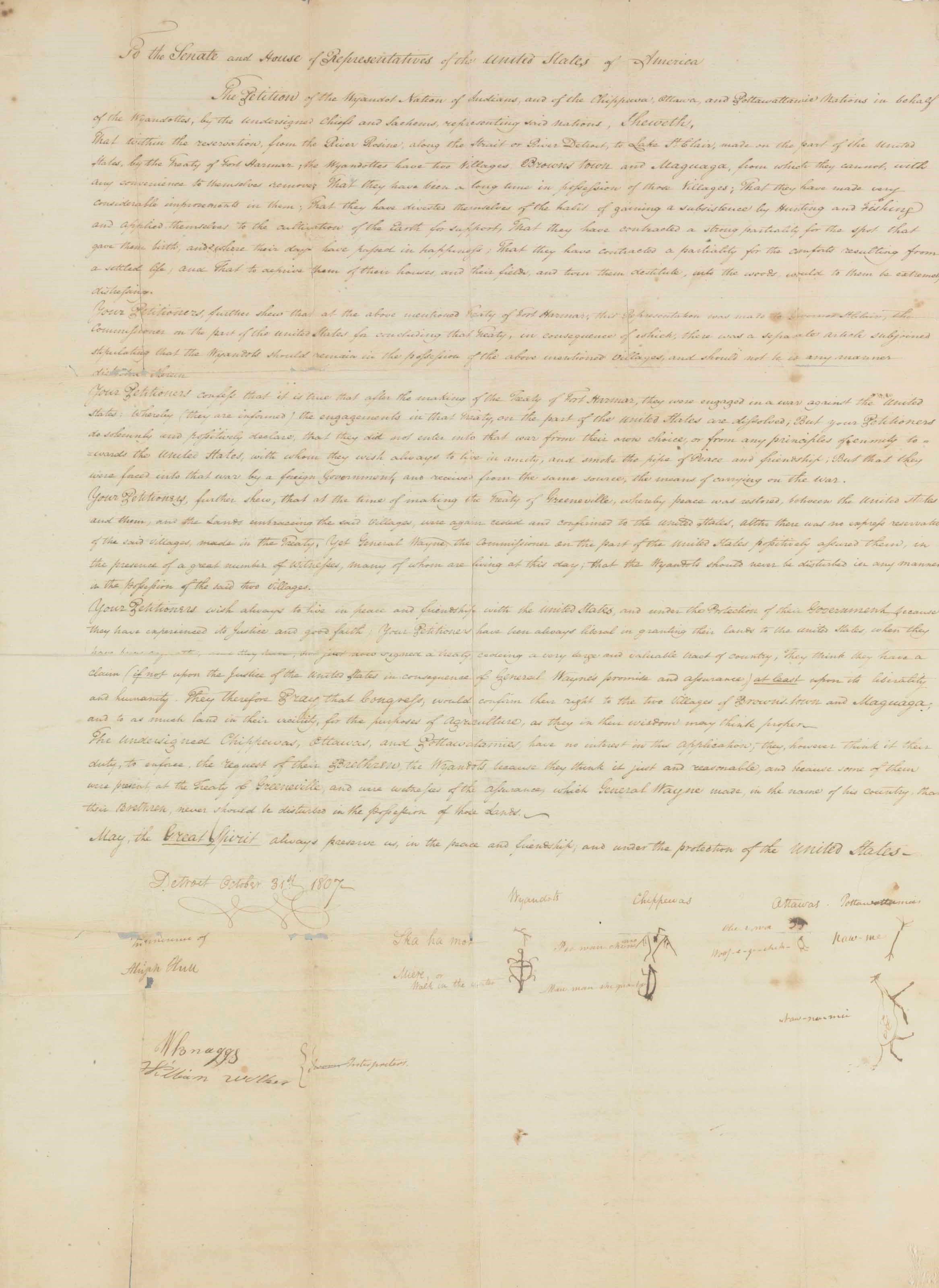 WYANDOT NATION – Manuscript Document Signed with totems by eight Indian chiefs, being a petition to the Senate and House of Representatives of the United States by the Wyandot Nation to retain the villages of Brownstown and Maguaga, Detroit, 31 October 1807.