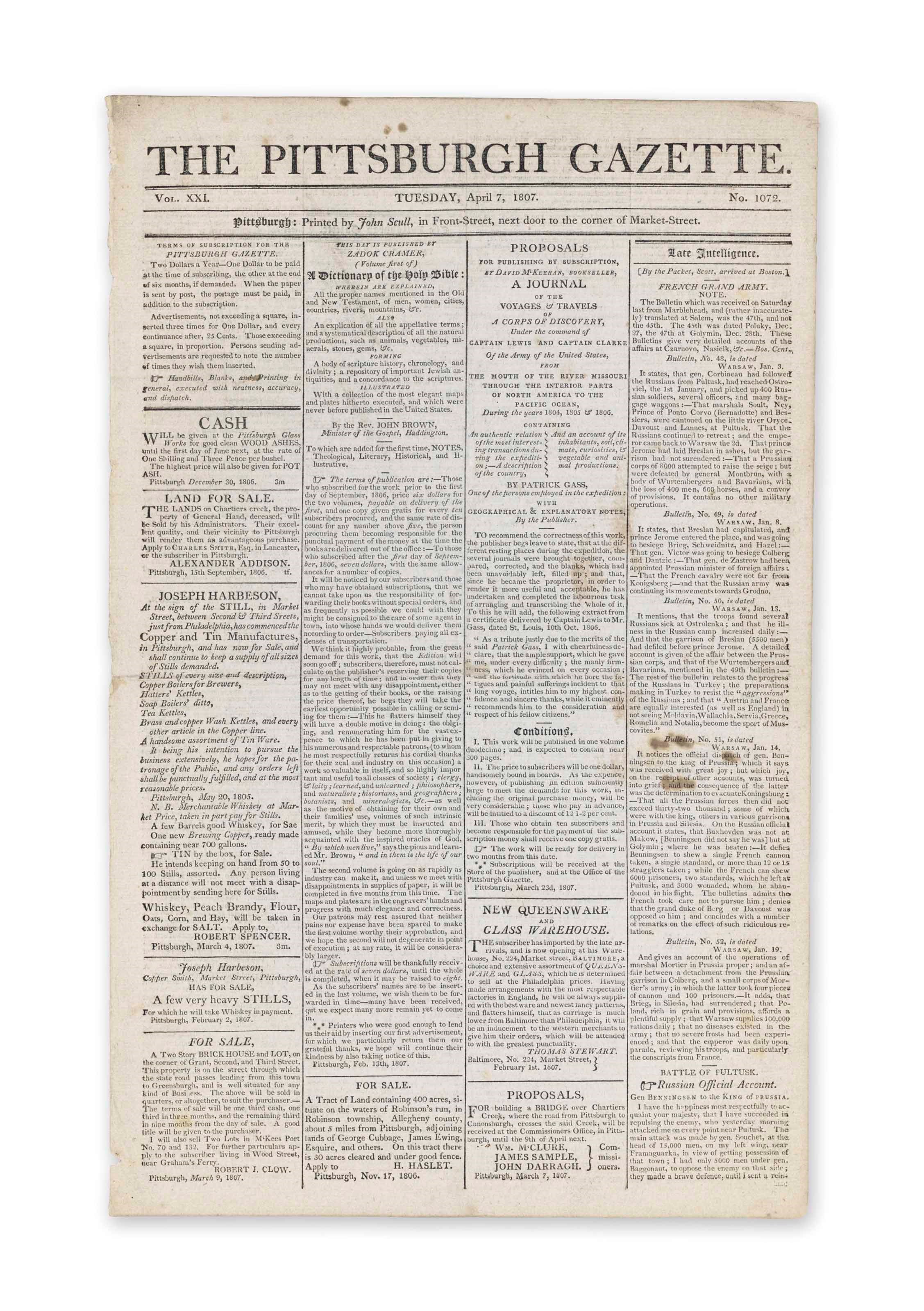 LEWIS & CLARK EXPEDITION – The Universal Gazette. Washington: Samuel Harrison Smith, 17 September 1807. Vol. 5, No. 502. [With]: The Pittsburgh Gazette. Pittsburgh: John Scull, 7 April 1807. Vol.21, No.1072.