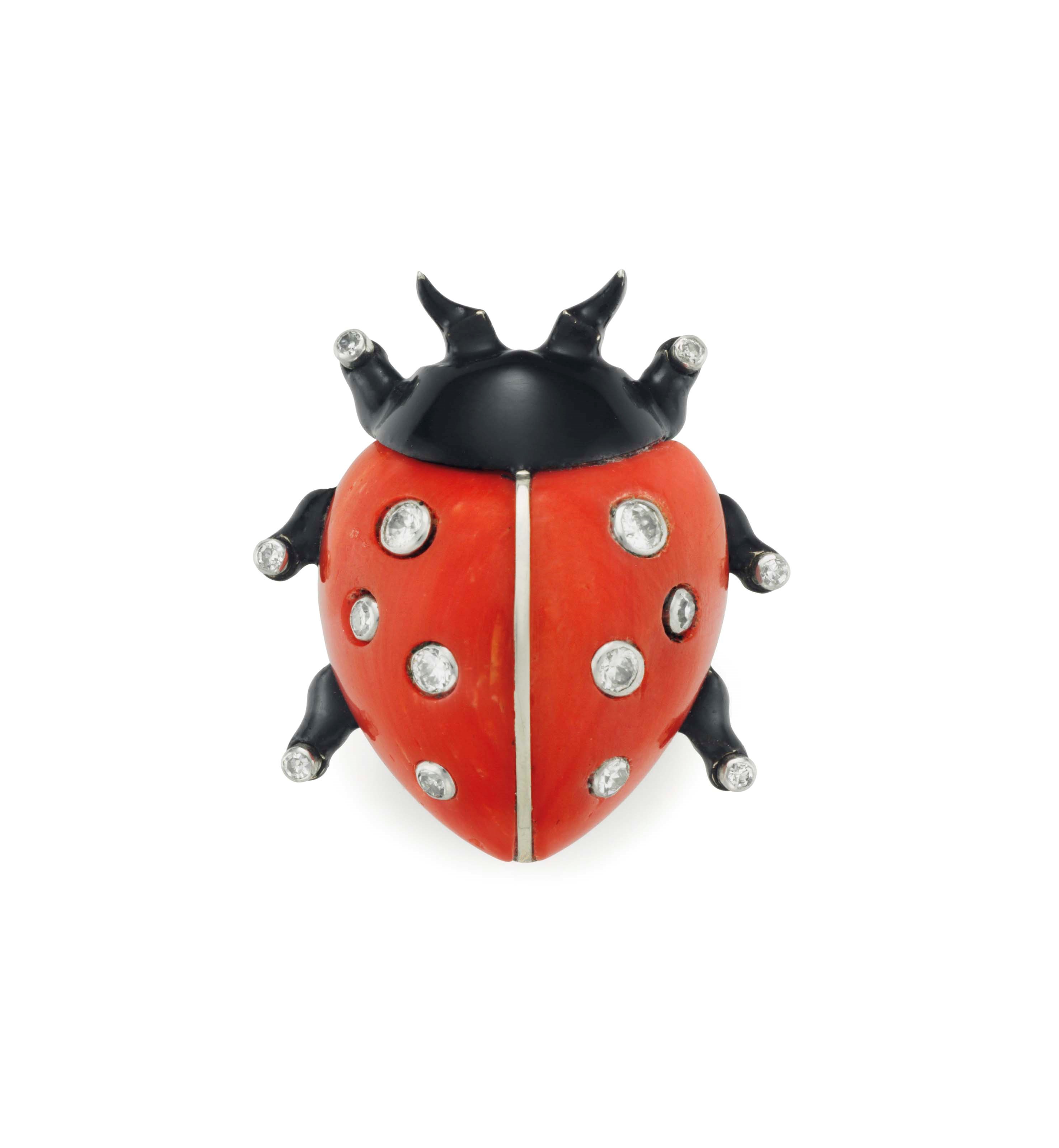 A CORAL, ENAMEL AND DIAMOND LADYBUG BROOCH, BY CARTIER