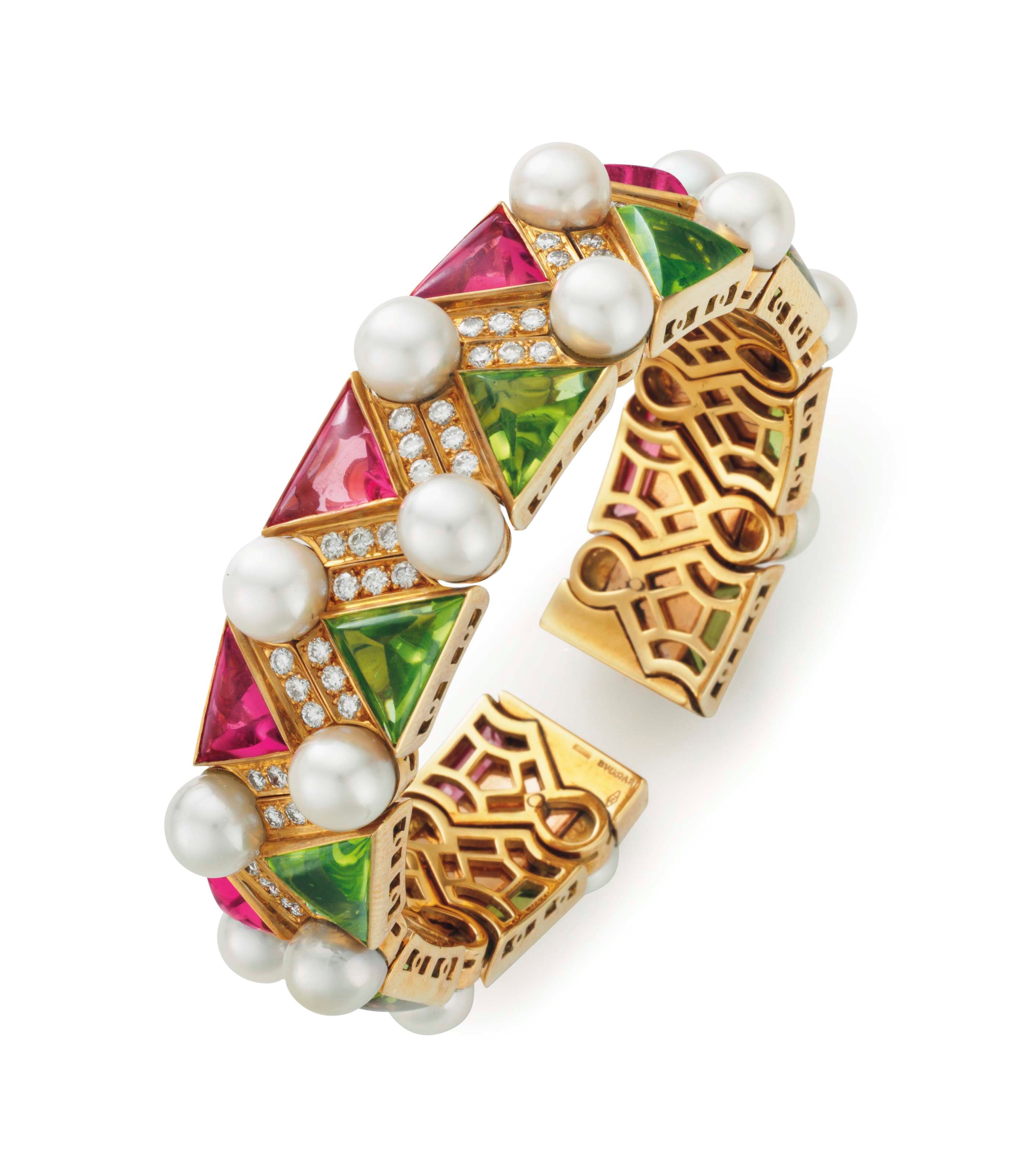 A MULTI-GEM AND DIAMOND CUFF BRACELET, BY BULGARI