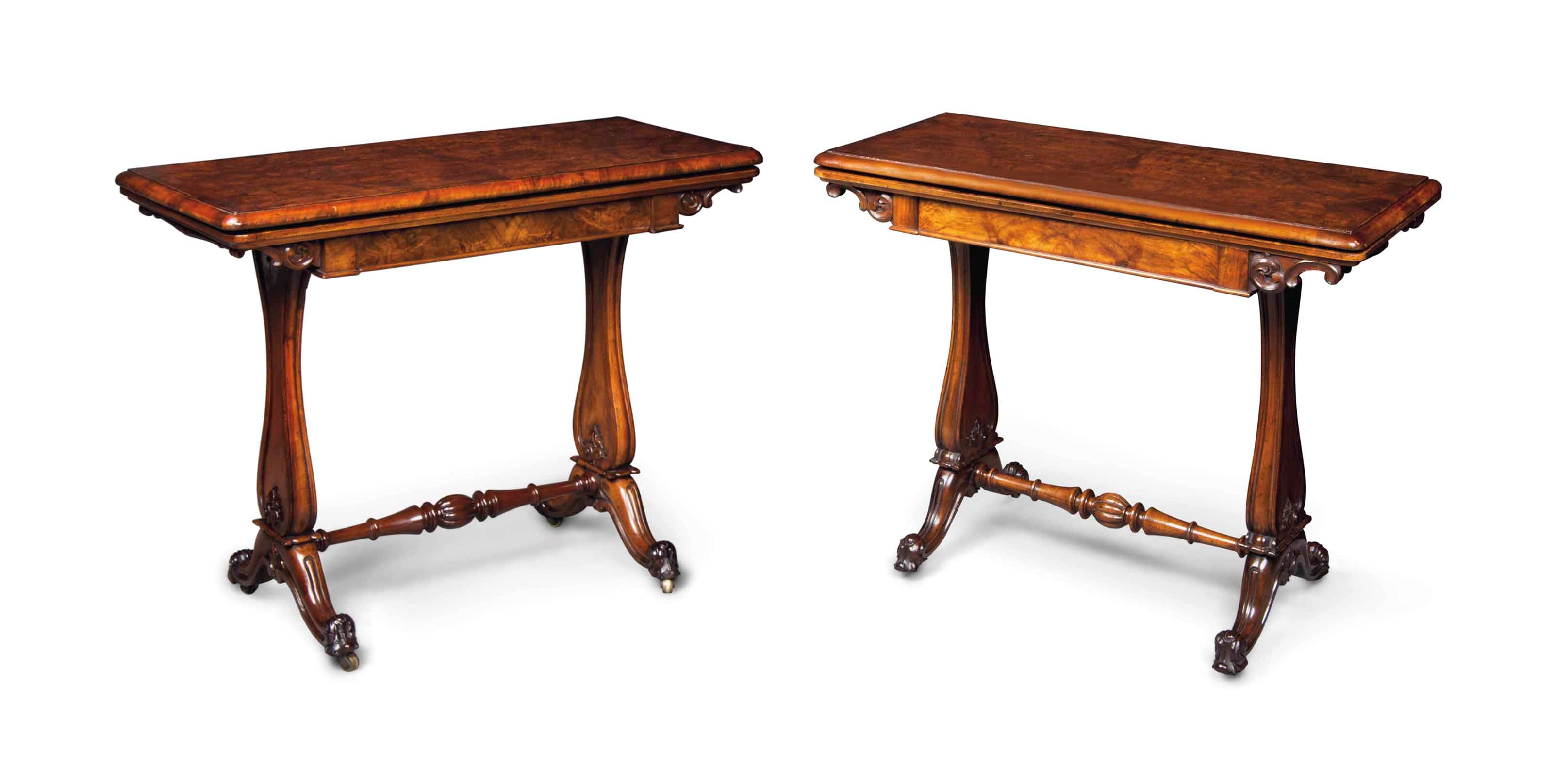 A PAIR OF VICTORIAN BURR WALNUT CARD TABLES