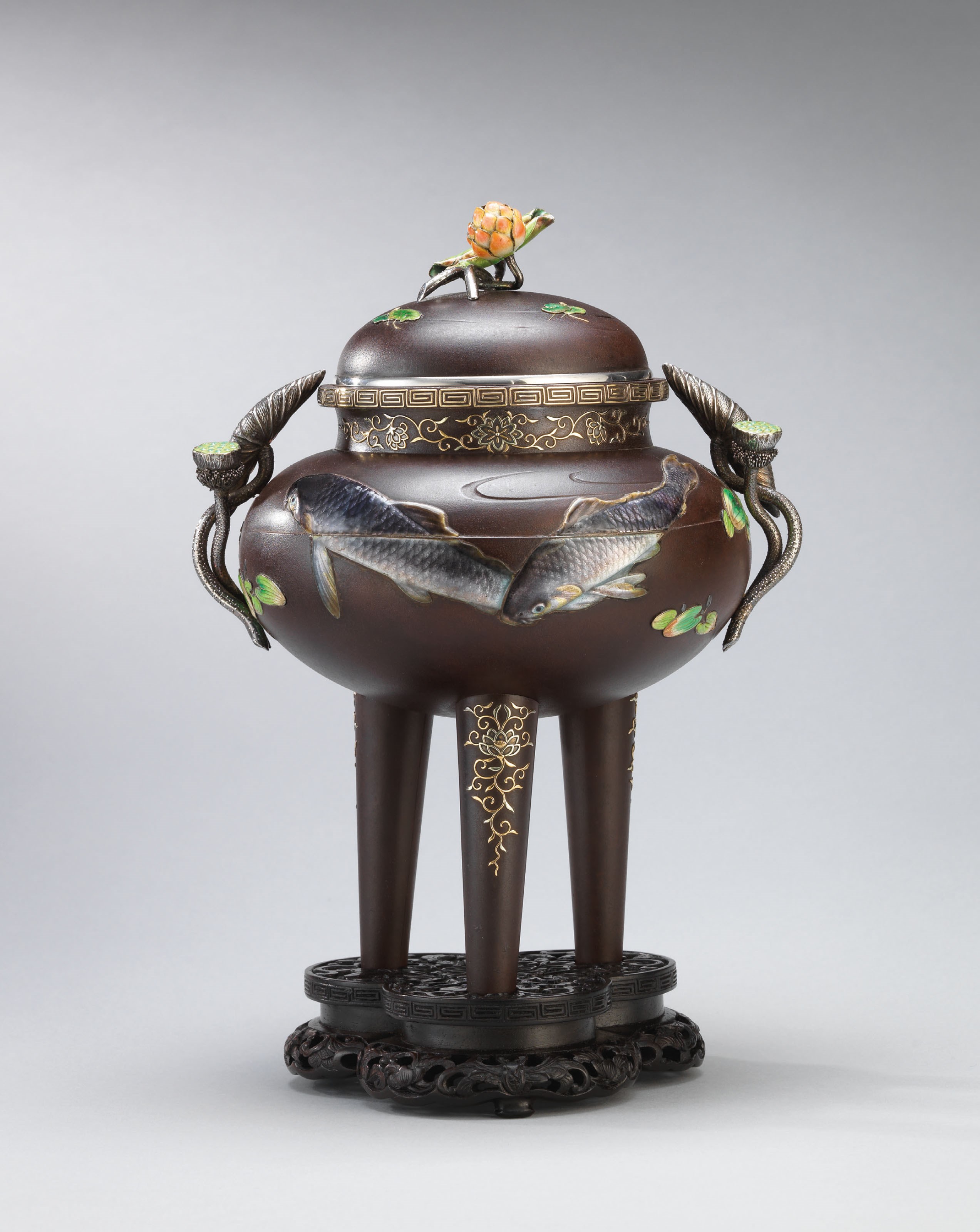 AN ENAMEL AND SOFT-METAL-INLAID IRON INCENSE BURNER