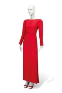 A SCARLET SILK CREPE EVENING GOWN