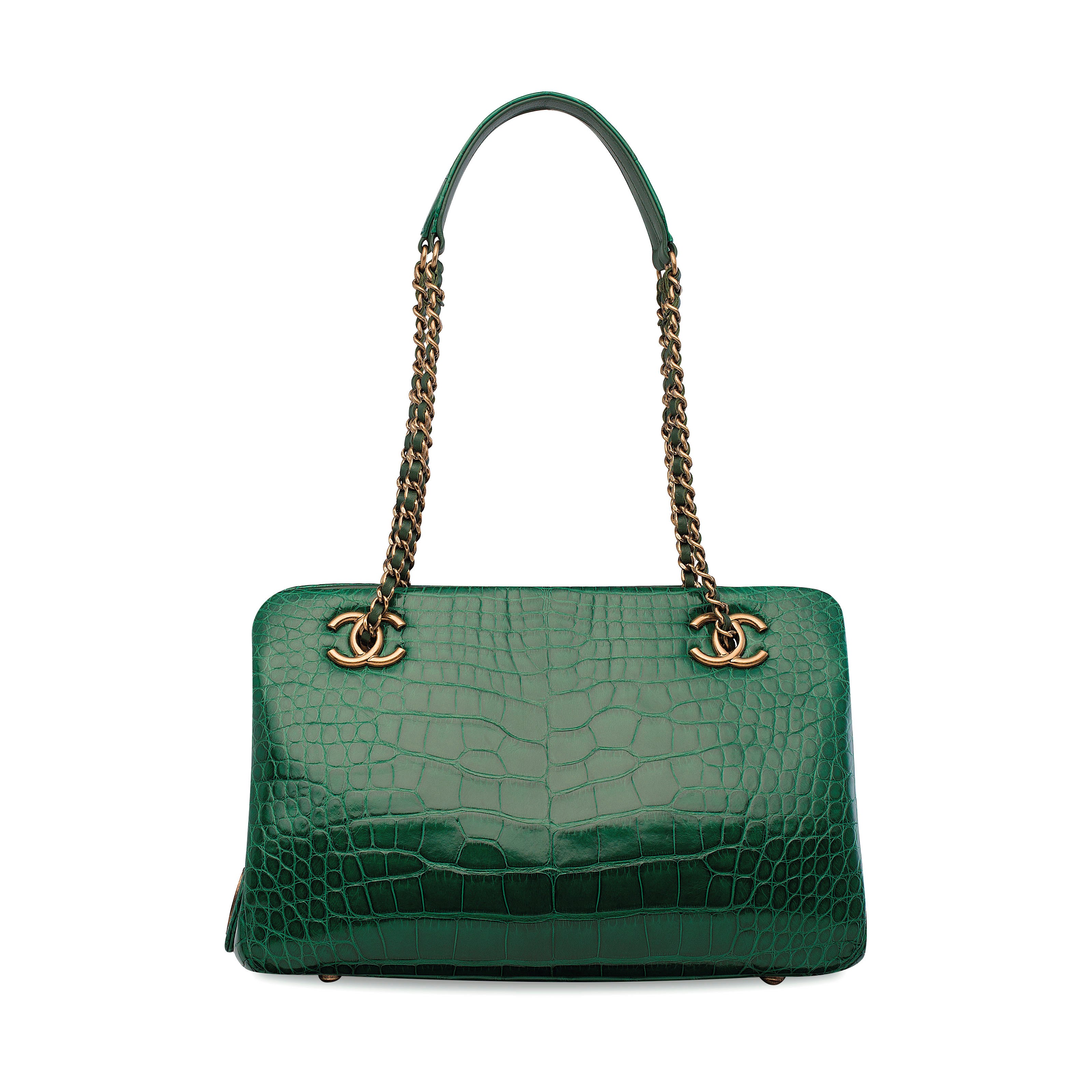 A SHINY FOREST GREEN ALLIGATOR SMALL SHOPPING BAG WITH ANTIQUED GOLD HARDWARE