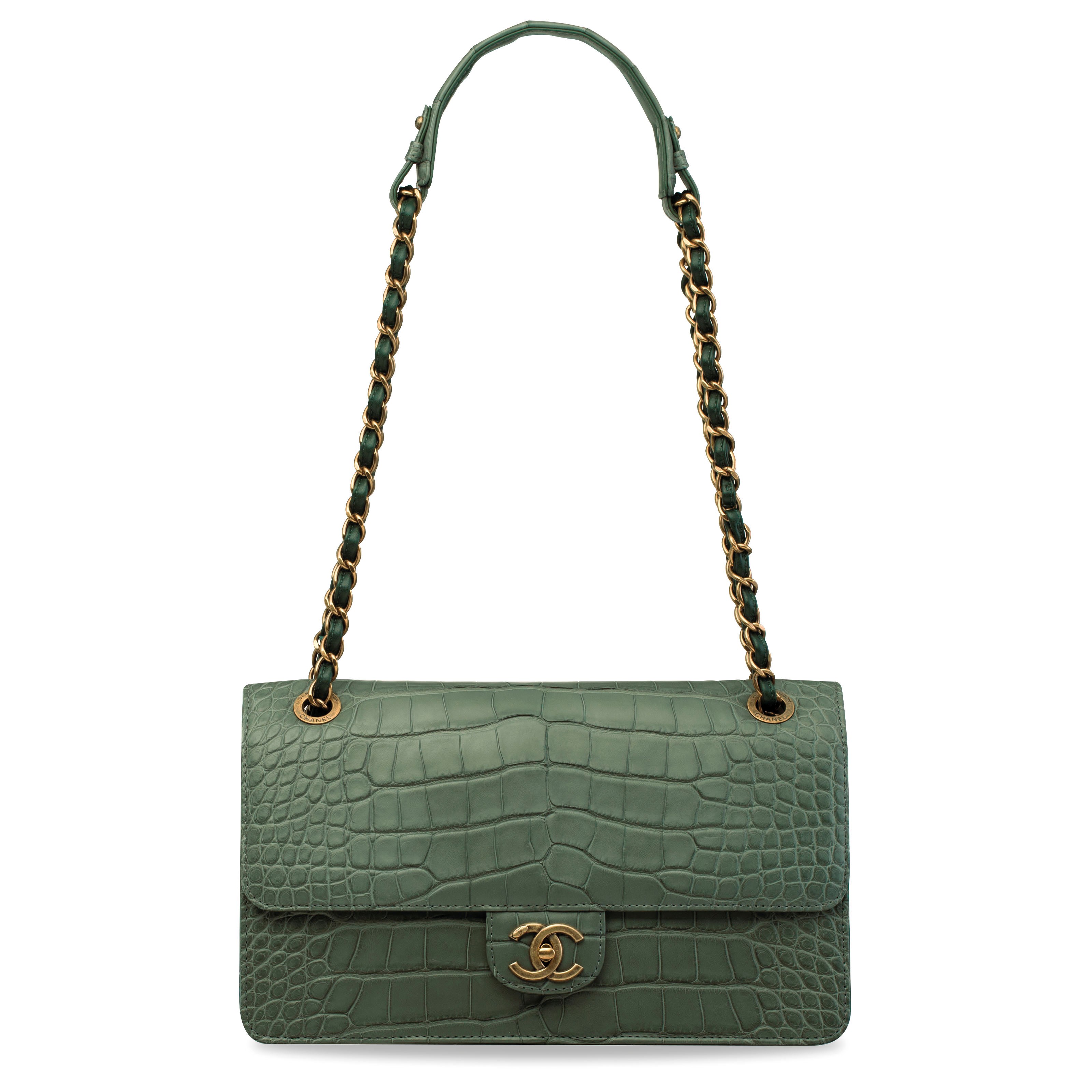 A MATTE SEA GREEN ALLIGATOR & LAMBSKIN MAXI FLAP BAG WITH ANTIQUED GOLD HARDWARE