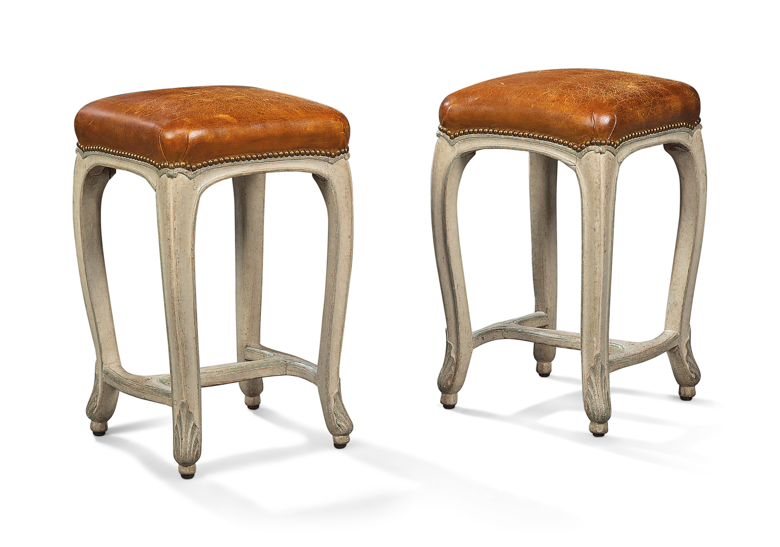 A PAIR OF LOUIS XV GREY-PAINTED STOOLS