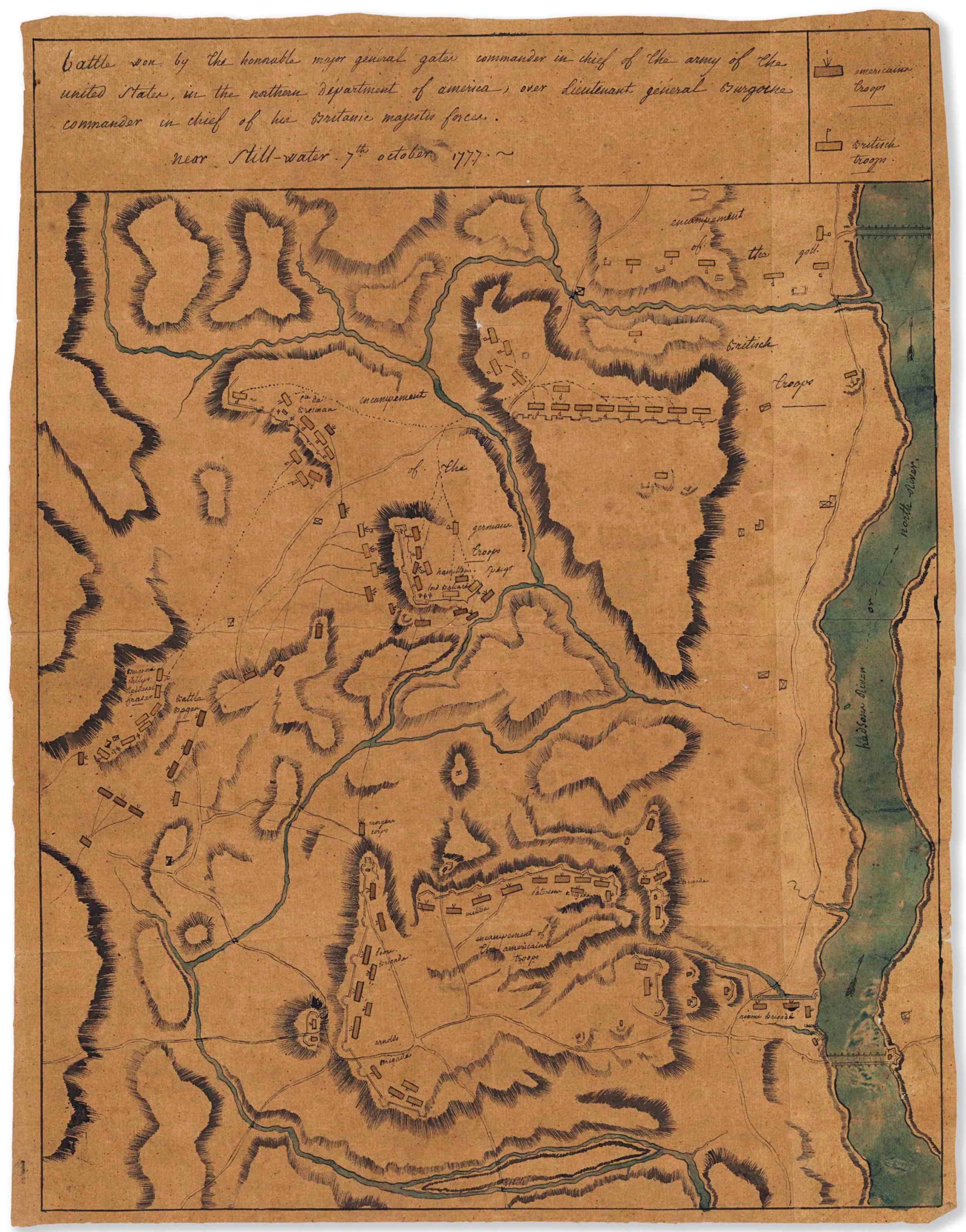 SARATOGA – Manuscript map, "battle won by the honorable major général gates commander in chief of the army of the united states, in the northern départment of america, over Lieutenant general Burgoyne commander in chief of his Brittanic majestis forces. near Still-water 7th october 1777.–" n.p., c. 1781-1782.
