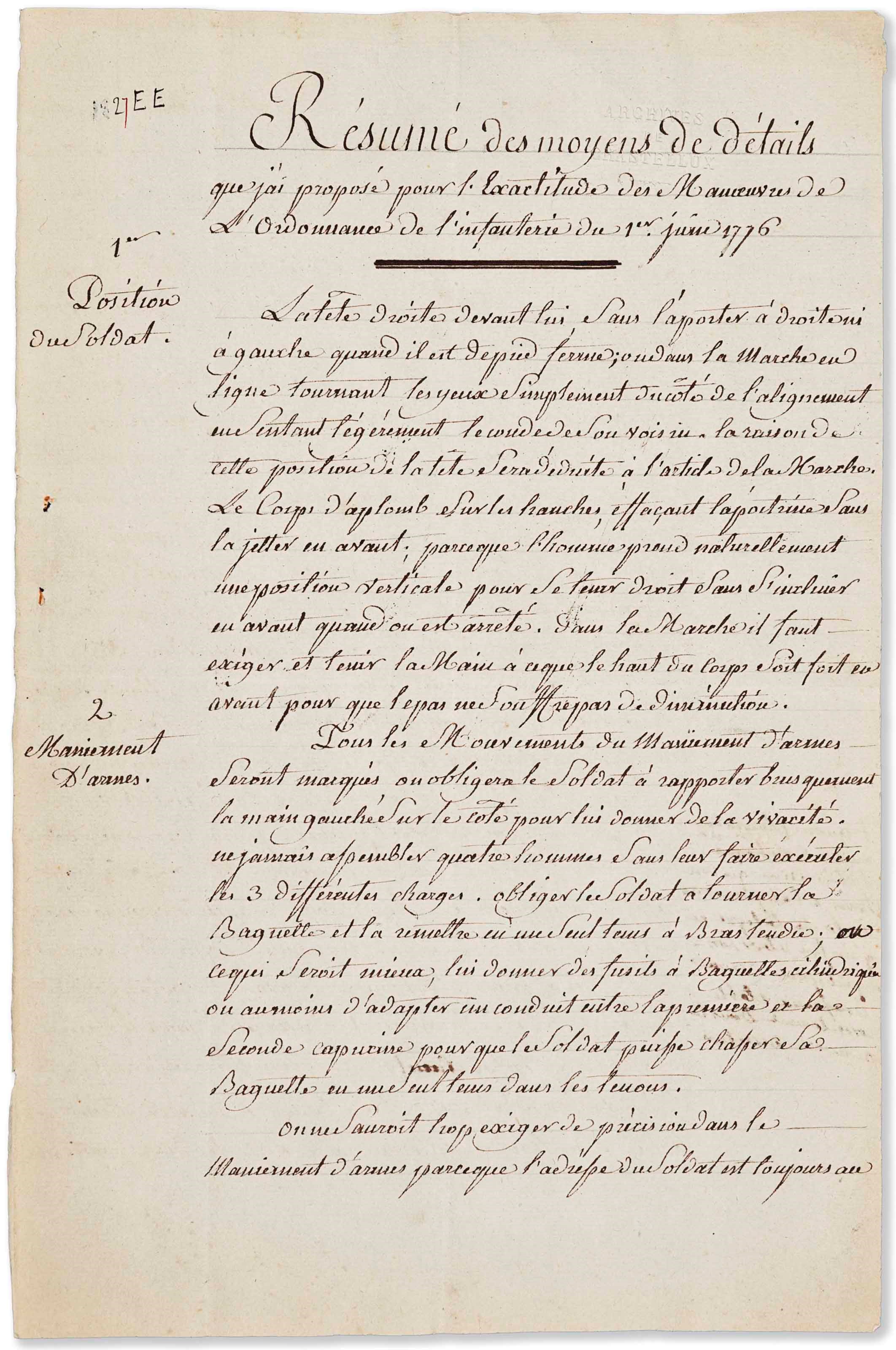 ROCHAMBEAU, Donatien-Marie-Joseph de Vimeur, vicomte de (1755-1813). Manuscript signed ("Le Vcte de Rochambeau") "Résumé des moyens de détails que j'ai proposé pour l'Exactitude des Maneuvres de L'Ordonnance de l'infanterie du 1er juin 1776", n.p., n.d.