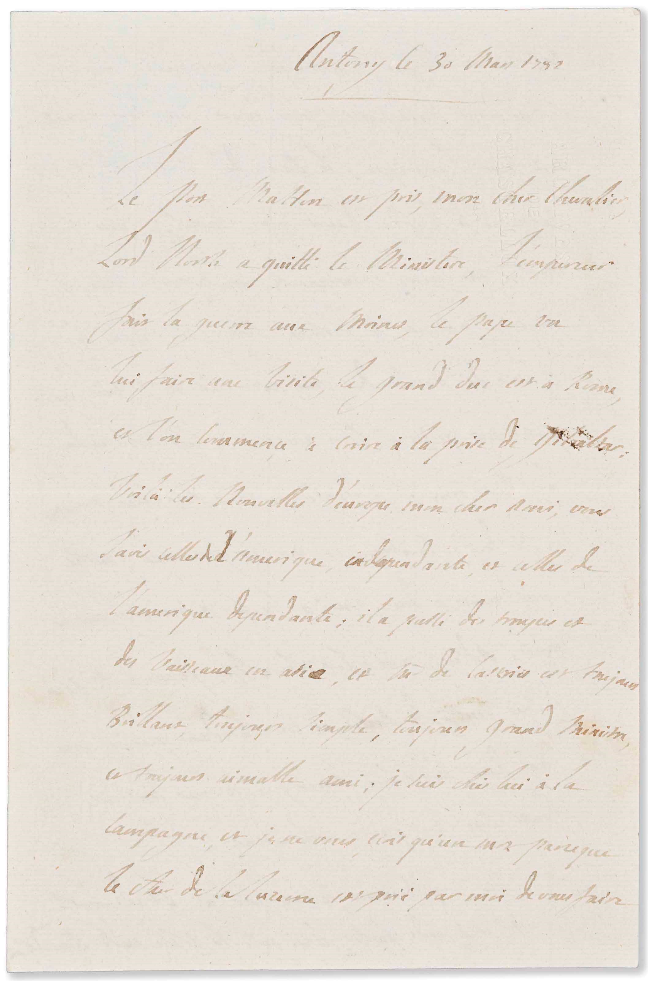 LAFAYETTE, Marie Joseph Paul Yves Roch Gilbert du Motier, Marquis de (1757-1834). Autograph letter to François-Jean de Beauvoir, Chevalier de Chastellux, Antony, 30 March 1782.
