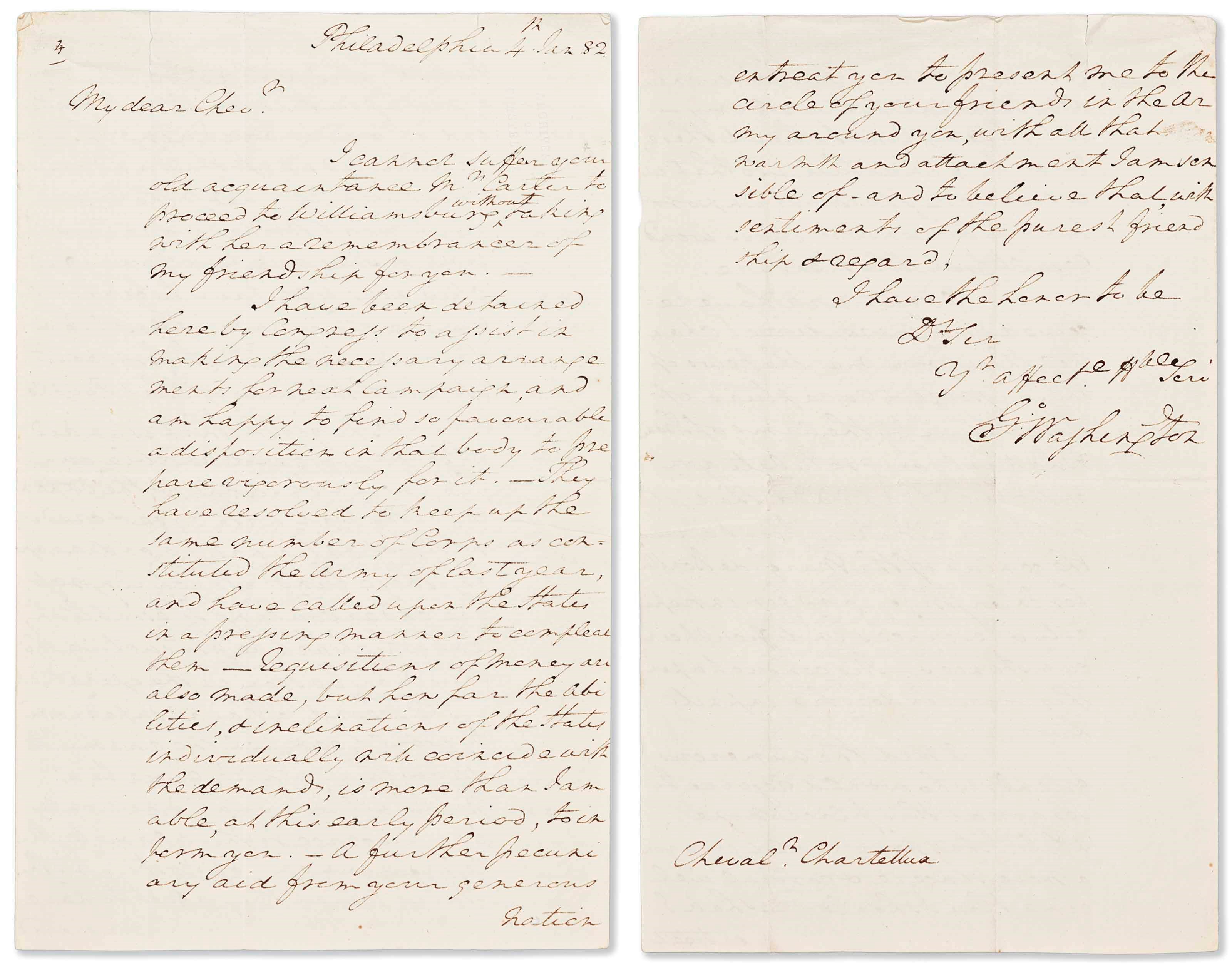 WASHINGTON, George Washington (1732-1799). Autograph letter signed ("Go:Washington"), to François-Jean de Beauvoir, Chevalier de Chastellux, Philadelphia, 4 January 1782.