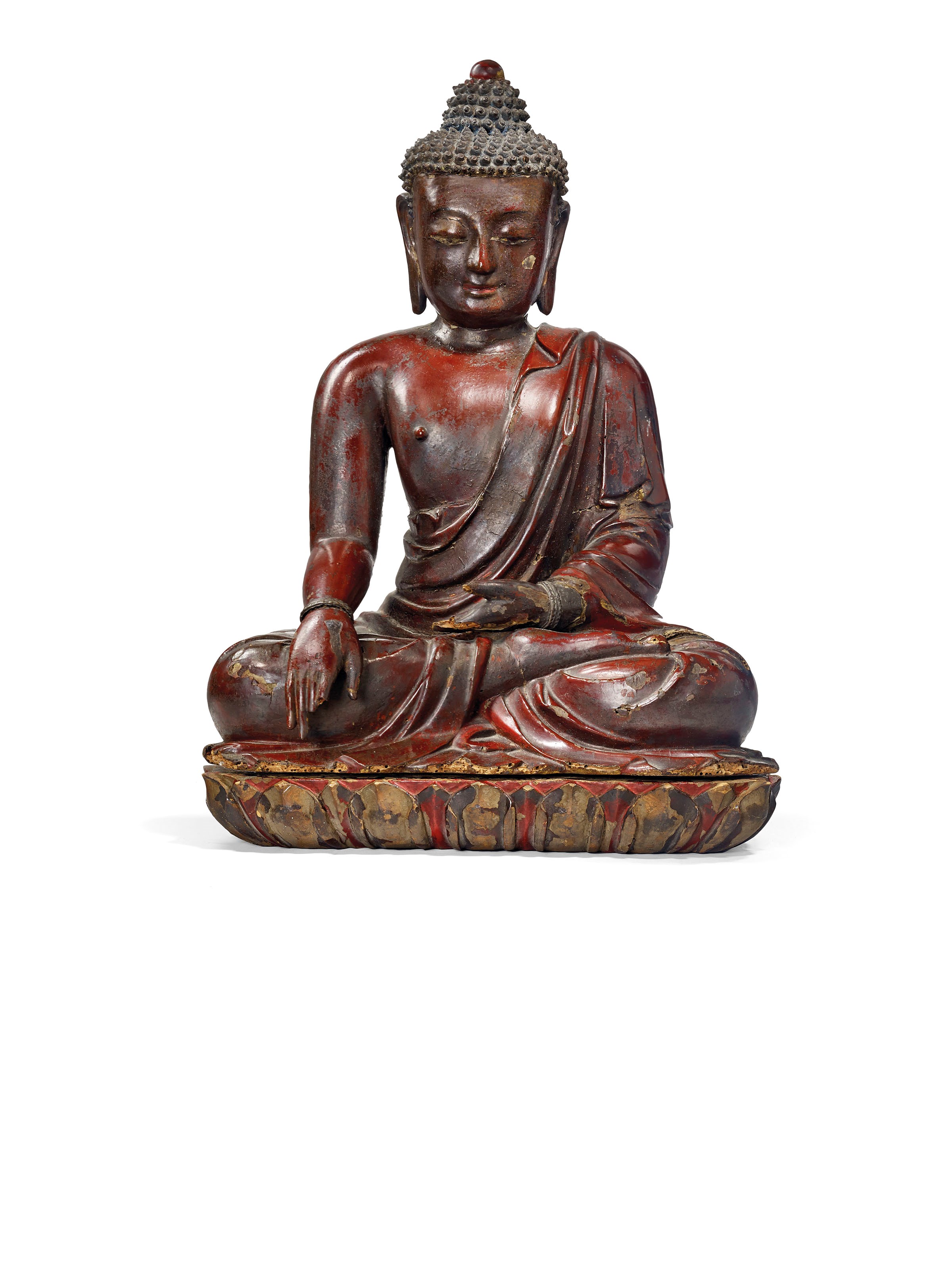 RARE STATUE DE BOUDDHA SHAKYAMUNI EN BOIS LAQUE