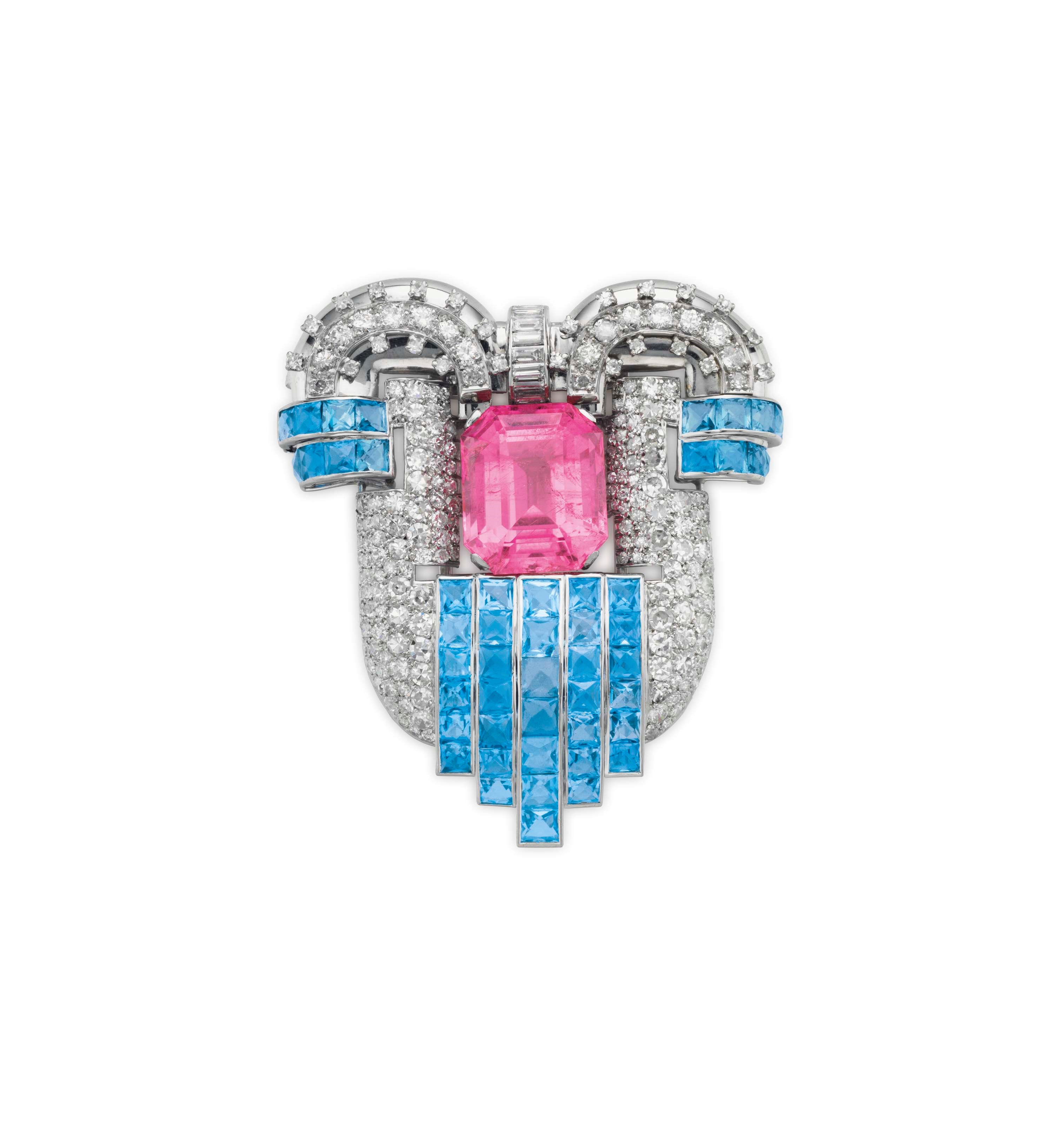A TOURMALINE, AQUAMARINE AND DIAMOND BROOCH