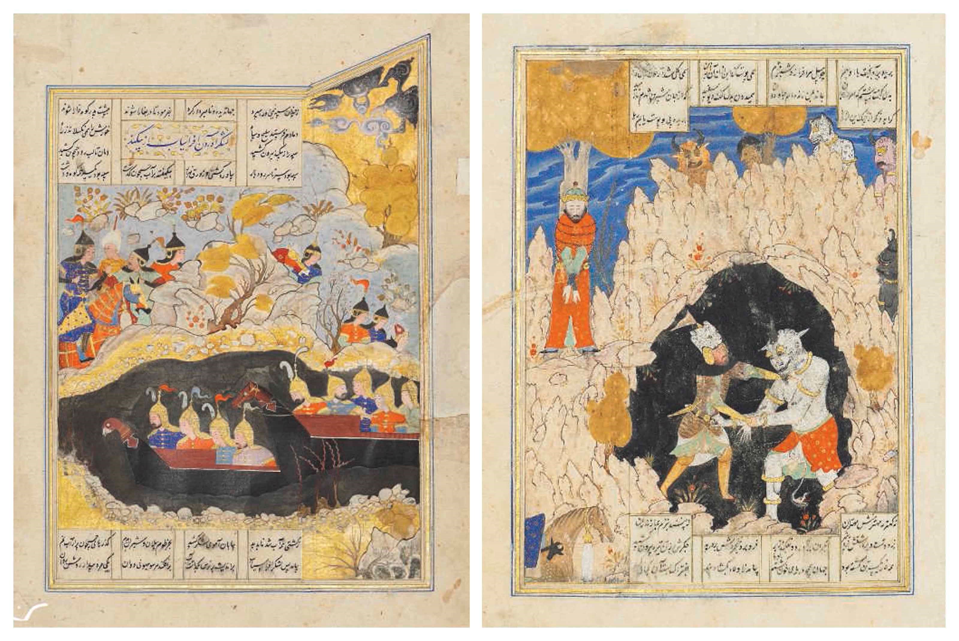 TWO PAINTINGS FROM A MANUSCRIPT OF THE SHAHNAMA