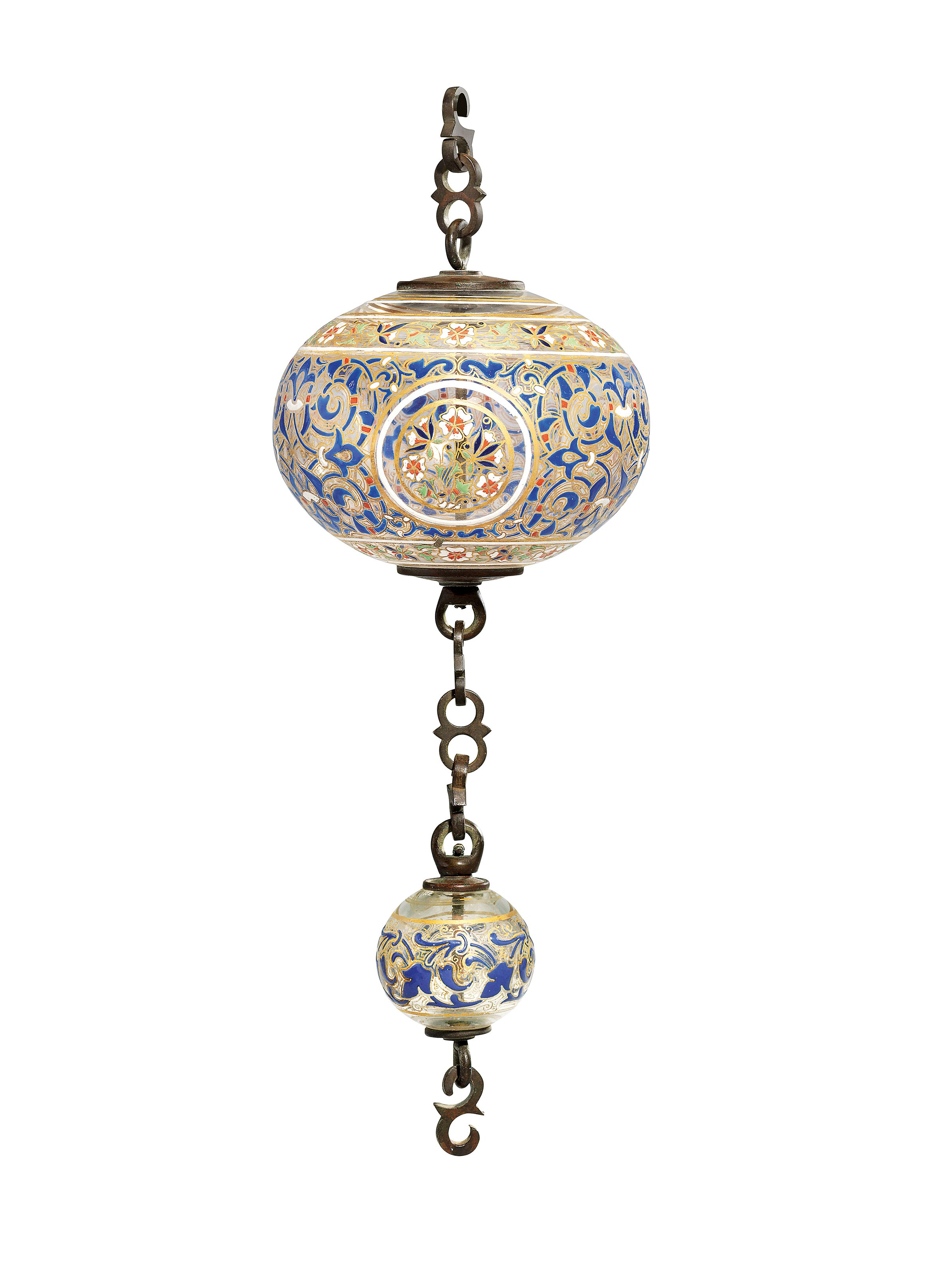 TWO ENAMELLED GLASS HANGING SPHERES