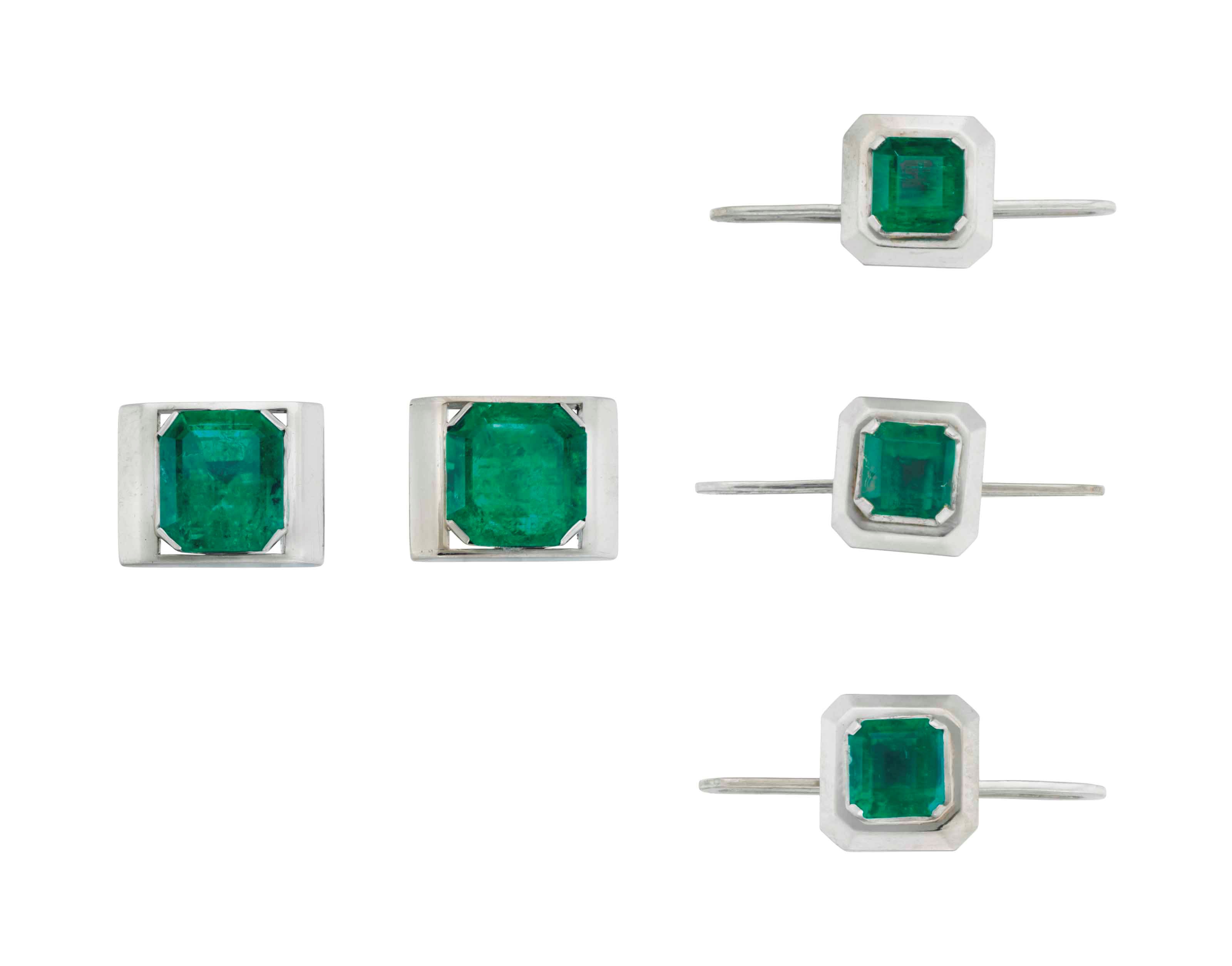 AN EMERALD AND WHITE GOLD DRESS SET