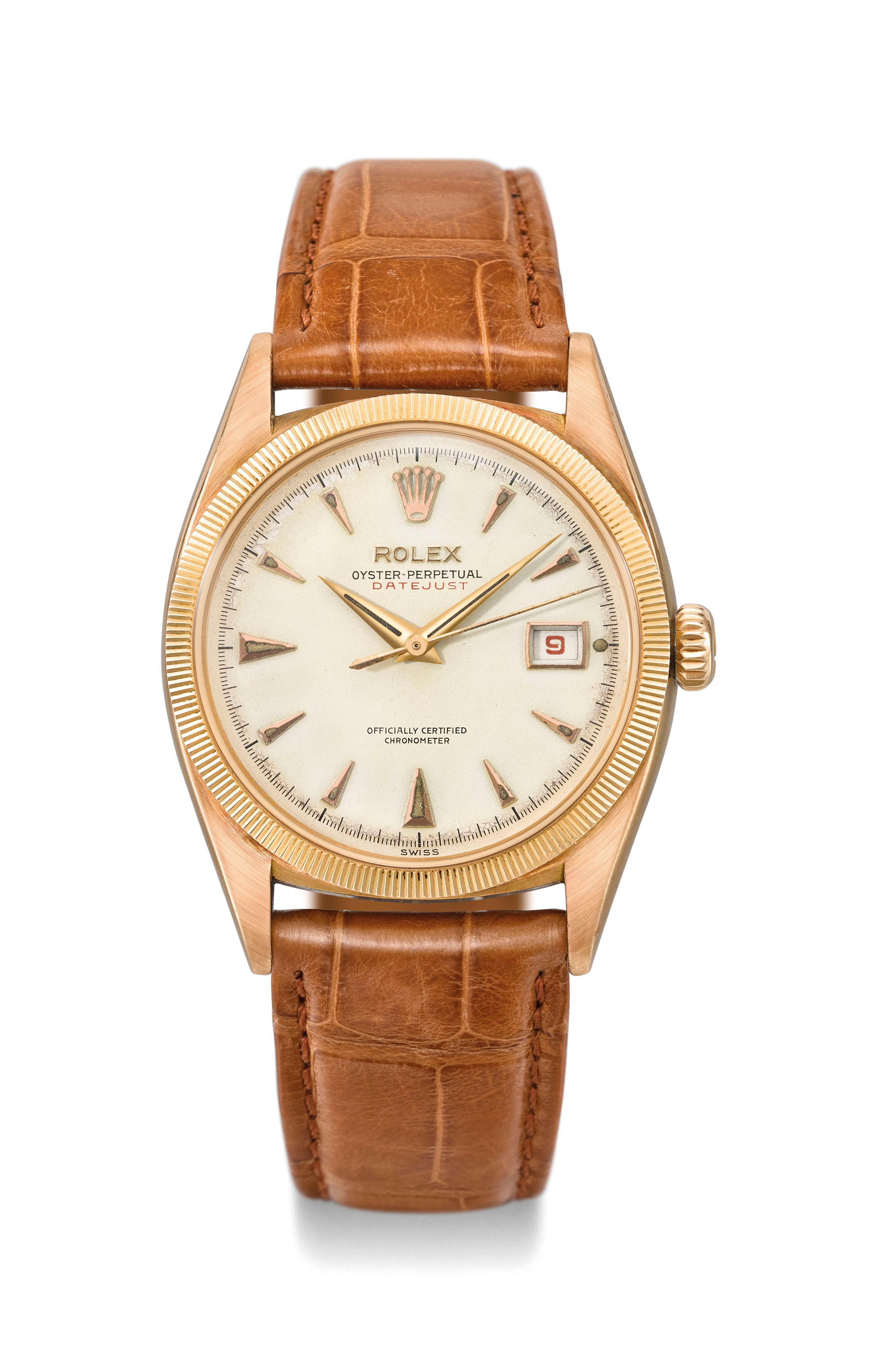 ROLEX. A RARE AND FINE 18K PINK GOLD AUTOMATIC WRISTWATCH WITH SWEEP CENTRE SECONDS AND RED DATE